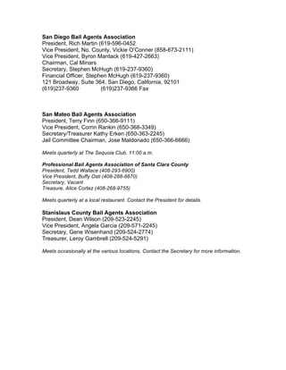 San Diego Bail Agents Association
President, Rich Martin (619-596-0452
Vice President, No. County, Vickie O’Conner (858-673-2111)
Vice President, Byron Mantack (619-427-2663)
Chairman, Cal Minars
Secretary, Stephen McHugh (619-237-9360)
Financial Officer, Stephen McHugh (619-237-9360)
121 Broadway, Suite 364, San Diego, California, 92101
(619)237-9360           (619)237-9366 Fax



San Mateo Bail Agents Association
President, Terry Finn (650-366-9111)
Vice President, Corrin Rankin (650-368-3349)
Secretary/Treasurer Kathy Erken (650-363-2245)
Jail Committee Chairman, Jose Maldonado (650-366-6666)

Meets quarterly at The Sequoia Club, 11:00 a.m.

Professional Bail Agents Association of Santa Clara County
President, Tedd Wallace (408-293-6900)
Vice President, Buffy Osti (408-288-8870)
Secretary, Vacant
Treasure, Alice Cortez (408-268-9755)

Meets quarterly at a local restaurant. Contact the President for details.

Stanislaus County Bail Agents Association
President, Dean Wilson (209-523-2245)
Vice President, Angela Garcia (209-571-2245)
Secretary, Gene Wisenhand (209-524-2774)
Treasurer, Leroy Gambrell (209-524-5291)

Meets occasionally at the various locations, Contact the Secretary for more information.
 