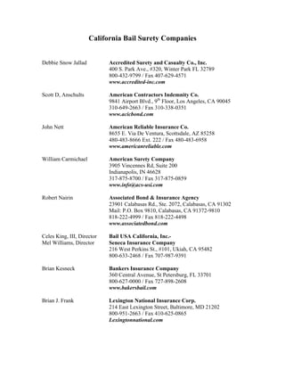 California Bail Surety Companies


Debbie Snow Jallad          Accredited Surety and Casualty Co., Inc.
                            400 S. Park Ave., #320, Winter Park FL 32789
                            800-432-9799 / Fax 407-629-4571
                            www.accredited-inc.com

Scott D, Anschults          American Contractors Indemnity Co.
                            9841 Airport Blvd., 9th Floor, Los Angeles, CA 90045
                            310-649-2663 / Fax 310-338-0351
                            www.acicbond.com

John Nett                   American Reliable Insurance Co.
                            8655 E. Via De Ventura, Scottsdale, AZ 85258
                            480-483-8666 Ext. 222 / Fax 480-483-6958
                            www.americanreliable.com

William Carmichael          American Surety Company
                            3905 Vincennes Rd, Suite 200
                            Indianapolis, IN 46628
                            317-875-8700 / Fax 317-875-0859
                            www.info@acs-usi.com

Robert Nairin               Associated Bond & Insurance Agency
                            23901 Calabasas Rd., Ste. 2072, Calabasas, CA 91302
                            Mail: P.O. Box 9810, Calabasas, CA 91372-9810
                            818-222-4999 / Fax 818-222-4498
                            www.associatedbond.com

Celes King, III, Director   Bail USA California, Inc.-
Mel Williams, Director      Seneca Insurance Company
                            216 West Perkins St., #101, Ukiah, CA 95482
                            800-633-2468 / Fax 707-987-9391

Brian Kesneck               Bankers Insurance Company
                            360 Central Avenue, St Petersburg, FL 33701
                            800-627-0000 / Fax 727-898-2608
                            www.bakersbail.com

Brian J. Frank              Lexington National Insurance Corp.
                            214 East Lexington Street, Baltimore, MD 21202
                            800-951-2663 / Fax 410-625-0865
                            Lexingtonnational.com
 