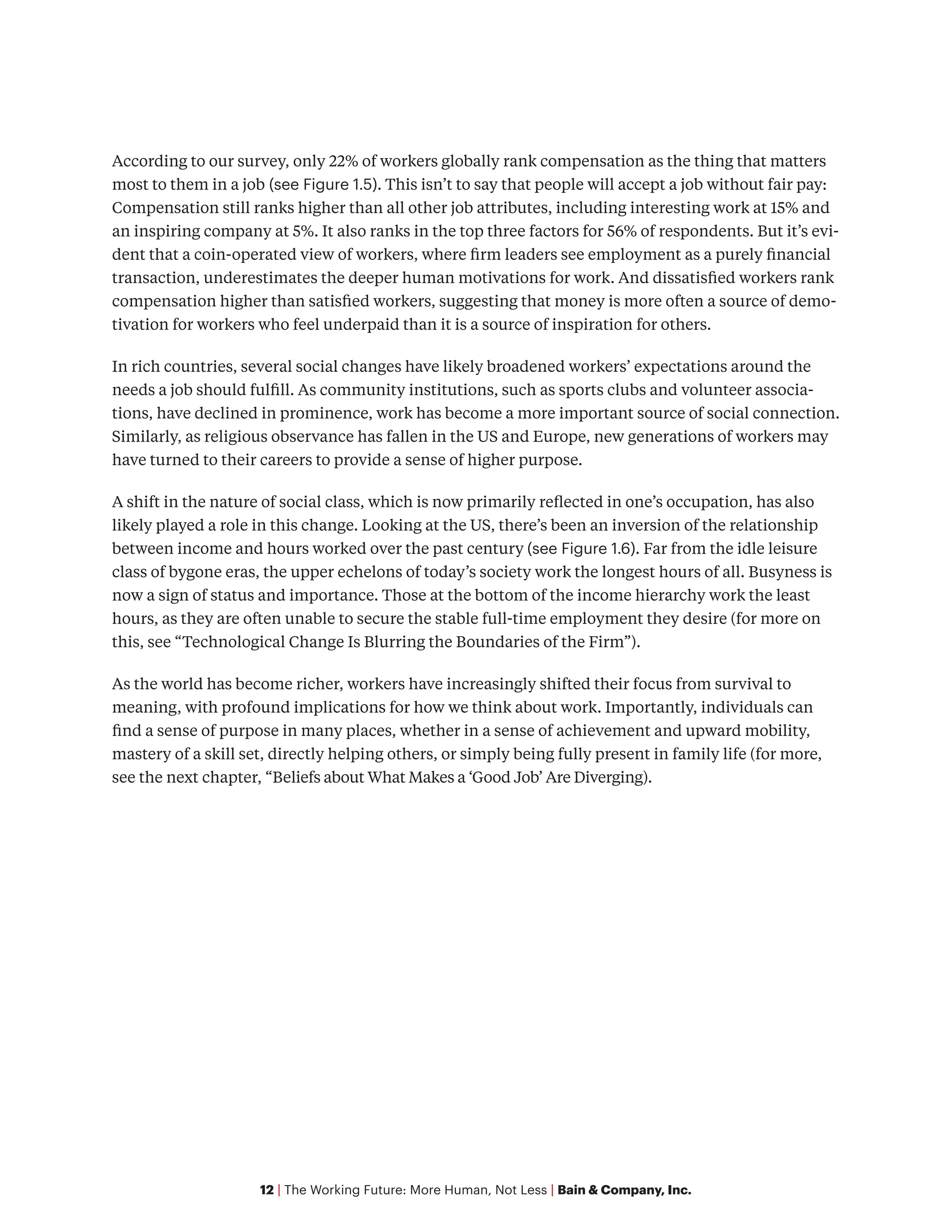 12 | The Working Future: More Human, Not Less | Bain & Company, Inc.
According to our survey, only 22% of workers globally rank compensation as the thing that matters
most to them in a job (see Figure 1.5). This isn’t to say that people will accept a job without fair pay:
Compensation still ranks higher than all other job attributes, including interesting work at 15% and
an inspiring company at 5%. It also ranks in the top three factors for 56% of respondents. But it’s evi-
dent that a coin-operated view of workers, where firm leaders see employment as a purely financial
transaction, underestimates the deeper human motivations for work. And dissatisfied workers rank
compensation higher than satisfied workers, suggesting that money is more often a source of demo-
tivation for workers who feel underpaid than it is a source of inspiration for others.
In rich countries, several social changes have likely broadened workers’ expectations around the
needs a job should fulfill. As community institutions, such as sports clubs and volunteer associa-
tions, have declined in prominence, work has become a more important source of social connection.
Similarly, as religious observance has fallen in the US and Europe, new generations of workers may
have turned to their careers to provide a sense of higher purpose.
A shift in the nature of social class, which is now primarily reflected in one’s occupation, has also
likely played a role in this change. Looking at the US, there’s been an inversion of the relationship
between income and hours worked over the past century (see Figure 1.6). Far from the idle leisure
class of bygone eras, the upper echelons of today’s society work the longest hours of all. Busyness is
now a sign of status and importance. Those at the bottom of the income hierarchy work the least
hours, as they are often unable to secure the stable full-time employment they desire (for more on
this, see “Technological Change Is Blurring the Boundaries of the Firm”).
As the world has become richer, workers have increasingly shifted their focus from survival to
meaning, with profound implications for how we think about work. Importantly, individuals can
find a sense of purpose in many places, whether in a sense of achievement and upward mobility,
mastery of a skill set, directly helping others, or simply being fully present in family life (for more,
see the next chapter, “Beliefs about What Makes a ‘Good Job’ Are Diverging).
 