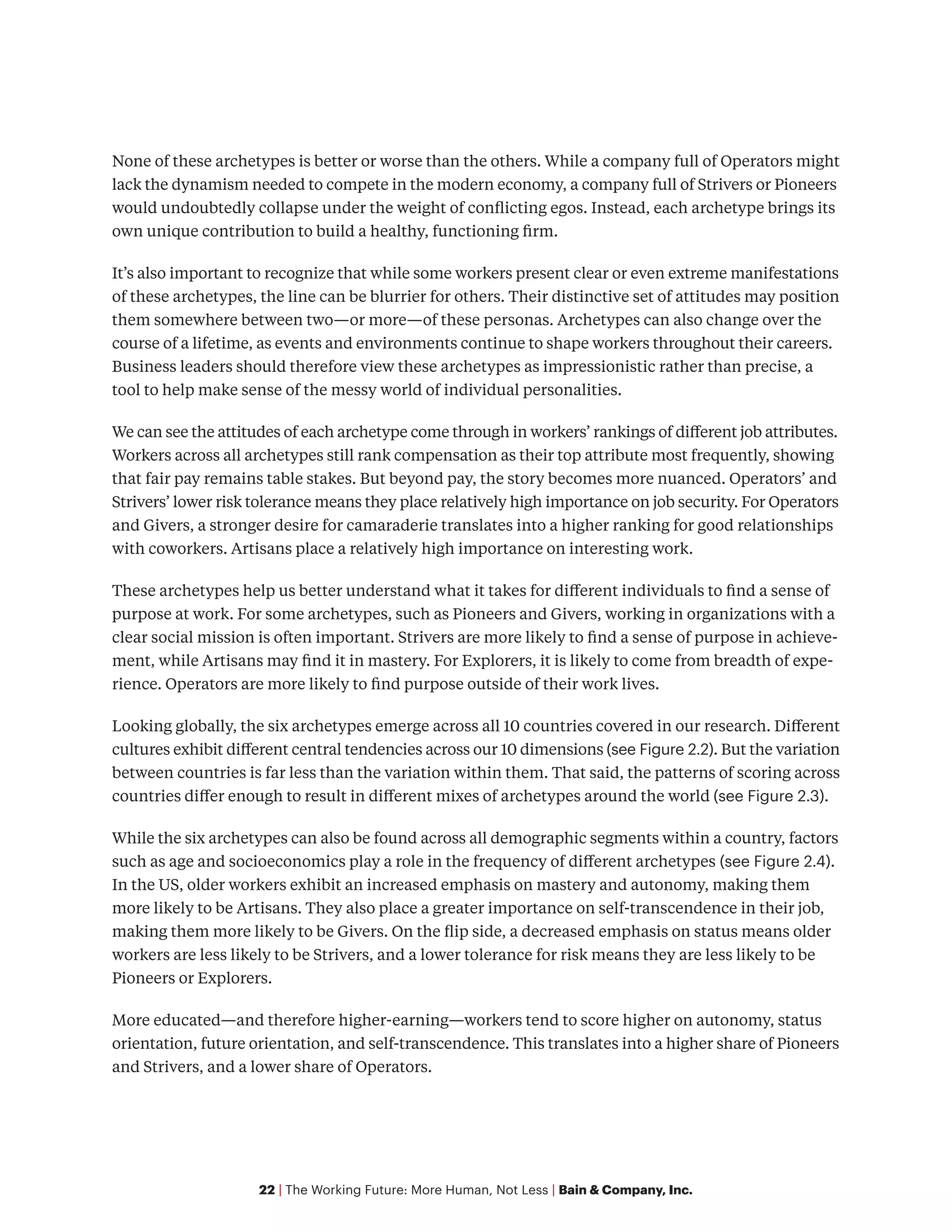 22 | The Working Future: More Human, Not Less | Bain & Company, Inc.
None of these archetypes is better or worse than the others. While a company full of Operators might
lack the dynamism needed to compete in the modern economy, a company full of Strivers or Pioneers
would undoubtedly collapse under the weight of conflicting egos. Instead, each archetype brings its
own unique contribution to build a healthy, functioning firm.
It’s also important to recognize that while some workers present clear or even extreme manifestations
of these archetypes, the line can be blurrier for others. Their distinctive set of attitudes may position
them somewhere between two—or more—of these personas. Archetypes can also change over the
course of a lifetime, as events and environments continue to shape workers throughout their careers.
Business leaders should therefore view these archetypes as impressionistic rather than precise, a
tool to help make sense of the messy world of individual personalities.
We can see the attitudes of each archetype come through in workers’ rankings of different job attributes.
Workers across all archetypes still rank compensation as their top attribute most frequently, showing
that fair pay remains table stakes. But beyond pay, the story becomes more nuanced. Operators’ and
Strivers’ lower risk tolerance means they place relatively high importance on job security. For Operators
and Givers, a stronger desire for camaraderie translates into a higher ranking for good relationships
with coworkers. Artisans place a relatively high importance on interesting work.
These archetypes help us better understand what it takes for different individuals to find a sense of
purpose at work. For some archetypes, such as Pioneers and Givers, working in organizations with a
clear social mission is often important. Strivers are more likely to find a sense of purpose in achieve-
ment, while Artisans may find it in mastery. For Explorers, it is likely to come from breadth of expe-
rience. Operators are more likely to find purpose outside of their work lives.
Looking globally, the six archetypes emerge across all 10 countries covered in our research. Different
cultures exhibit different central tendencies across our 10 dimensions (see Figure 2.2). But the variation
between countries is far less than the variation within them. That said, the patterns of scoring across
countries differ enough to result in different mixes of archetypes around the world (see Figure 2.3).
While the six archetypes can also be found across all demographic segments within a country, factors
such as age and socioeconomics play a role in the frequency of different archetypes (see Figure 2.4).
In the US, older workers exhibit an increased emphasis on mastery and autonomy, making them
more likely to be Artisans. They also place a greater importance on self-transcendence in their job,
making them more likely to be Givers. On the flip side, a decreased emphasis on status means older
workers are less likely to be Strivers, and a lower tolerance for risk means they are less likely to be
Pioneers or Explorers.
More educated—and therefore higher-earning—workers tend to score higher on autonomy, status
orientation, future orientation, and self-transcendence. This translates into a higher share of Pioneers
and Strivers, and a lower share of Operators.
 
