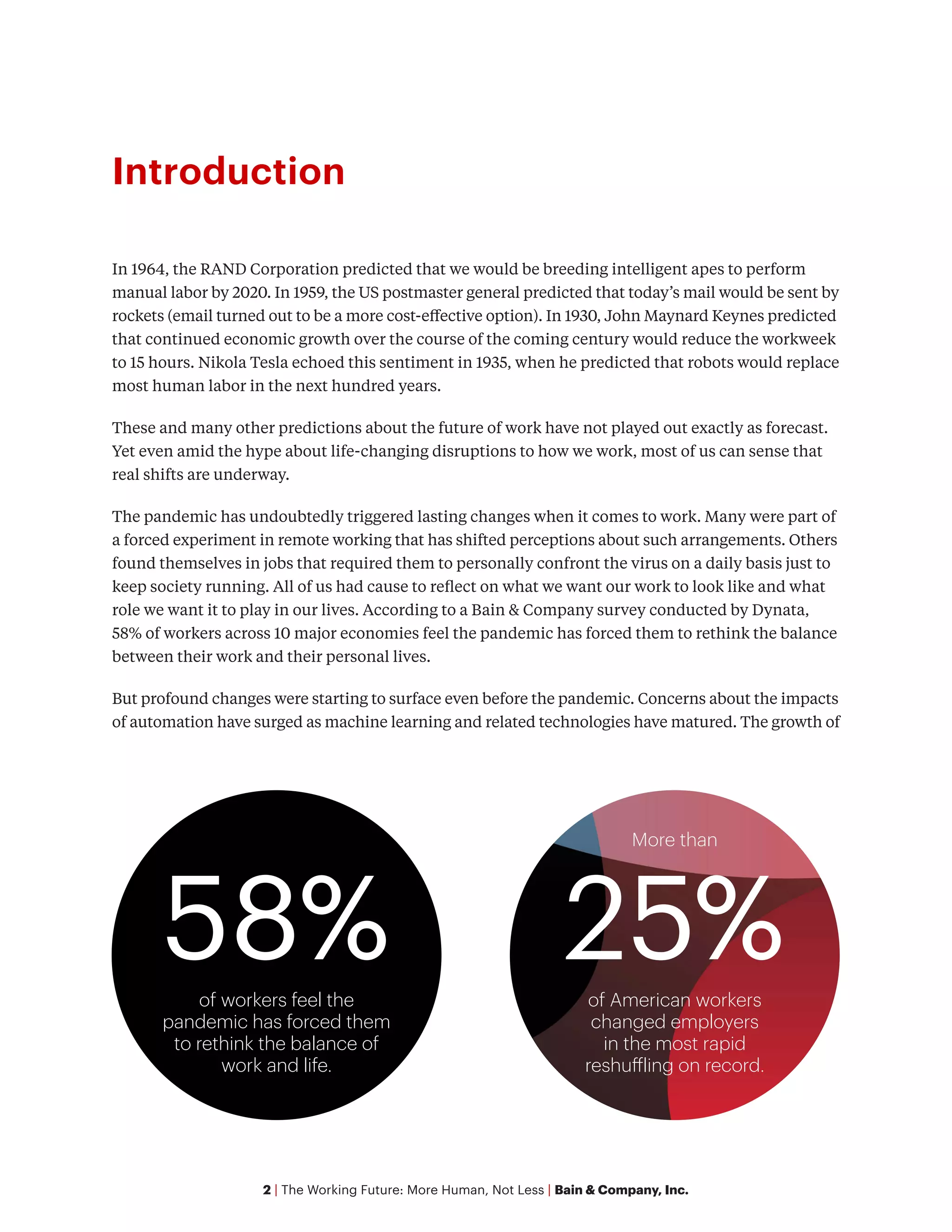 2 | The Working Future: More Human, Not Less | Bain & Company, Inc.
Introduction
In 1964, the RAND Corporation predicted that we would be breeding intelligent apes to perform
manual labor by 2020. In 1959, the US postmaster general predicted that today’s mail would be sent by
rockets (email turned out to be a more cost-effective option). In 1930, John Maynard Keynes predicted
that continued economic growth over the course of the coming century would reduce the workweek
to 15 hours. Nikola Tesla echoed this sentiment in 1935, when he predicted that robots would replace
most human labor in the next hundred years.
These and many other predictions about the future of work have not played out exactly as forecast.
Yet even amid the hype about life-changing disruptions to how we work, most of us can sense that
real shifts are underway.
The pandemic has undoubtedly triggered lasting changes when it comes to work. Many were part of
a forced experiment in remote working that has shifted perceptions about such arrangements. Others
found themselves in jobs that required them to personally confront the virus on a daily basis just to
keep society running. All of us had cause to reflect on what we want our work to look like and what
role we want it to play in our lives. According to a Bain & Company survey conducted by Dynata,
58% of workers across 10 major economies feel the pandemic has forced them to rethink the balance
between their work and their personal lives.
But profound changes were starting to surface even before the pandemic. Concerns about the impacts
of automation have surged as machine learning and related technologies have matured. The growth of
of American workers
changed employers
in the most rapid
reshuffling on record.
25%
of workers feel the
pandemic has forced them
to rethink the balance of
work and life.
58%
More than
 