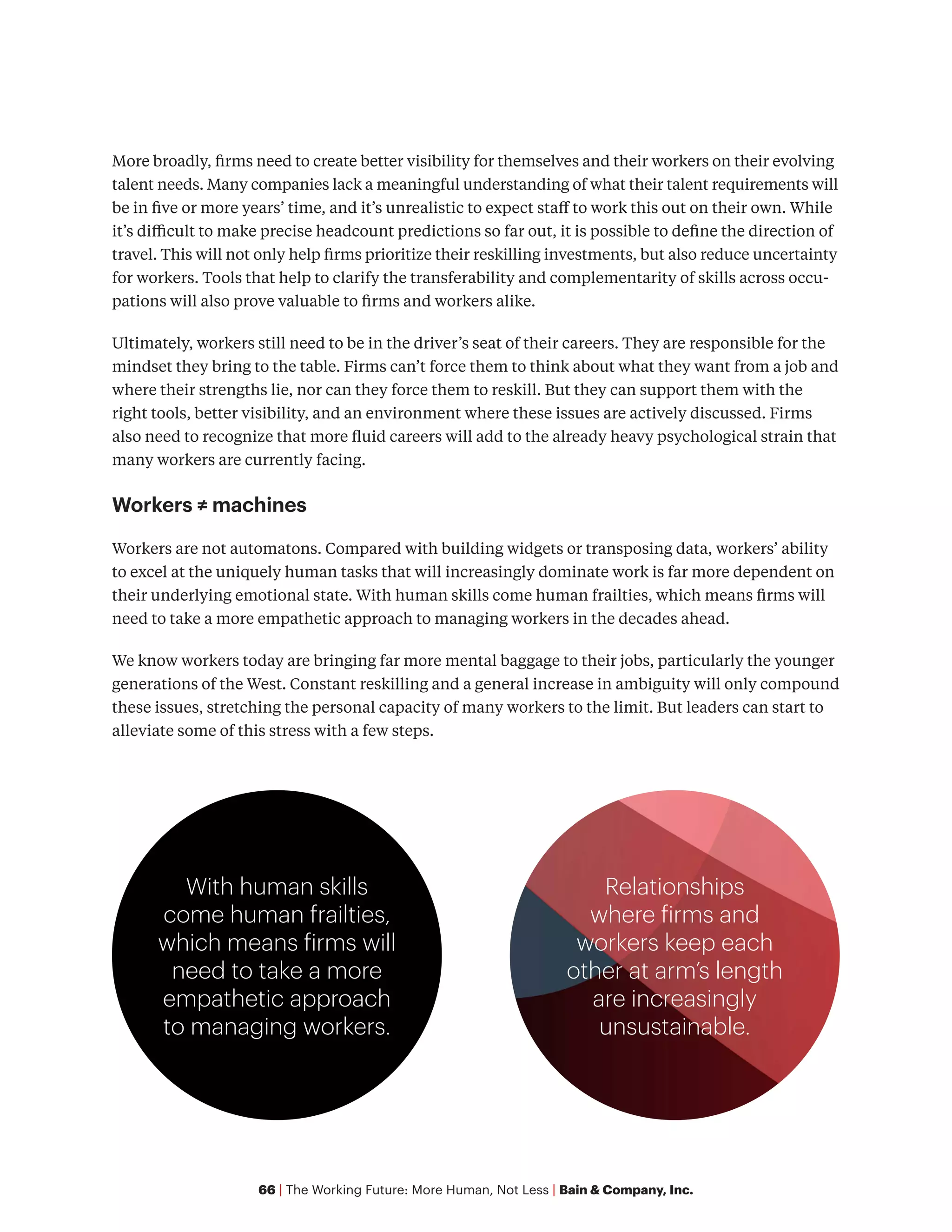 66 | The Working Future: More Human, Not Less | Bain & Company, Inc.
More broadly, firms need to create better visibility for themselves and their workers on their evolving
talent needs. Many companies lack a meaningful understanding of what their talent requirements will
be in five or more years’ time, and it’s unrealistic to expect staff to work this out on their own. While
it’s difficult to make precise headcount predictions so far out, it is possible to define the direction of
travel. This will not only help firms prioritize their reskilling investments, but also reduce uncertainty
for workers. Tools that help to clarify the transferability and complementarity of skills across occu-
pations will also prove valuable to firms and workers alike.
Ultimately, workers still need to be in the driver’s seat of their careers. They are responsible for the
mindset they bring to the table. Firms can’t force them to think about what they want from a job and
where their strengths lie, nor can they force them to reskill. But they can support them with the
right tools, better visibility, and an environment where these issues are actively discussed. Firms
also need to recognize that more fluid careers will add to the already heavy psychological strain that
many workers are currently facing.
Workers ≠ machines
Workers are not automatons. Compared with building widgets or transposing data, workers’ ability
to excel at the uniquely human tasks that will increasingly dominate work is far more dependent on
their underlying emotional state. With human skills come human frailties, which means firms will
need to take a more empathetic approach to managing workers in the decades ahead.
We know workers today are bringing far more mental baggage to their jobs, particularly the younger
generations of the West. Constant reskilling and a general increase in ambiguity will only compound
these issues, stretching the personal capacity of many workers to the limit. But leaders can start to
alleviate some of this stress with a few steps.
With human skills
come human frailties,
which means firms will
need to take a more
empathetic approach
to managing workers.
Relationships
where firms and
workers keep each
other at arm’s length
are increasingly
unsustainable.
 