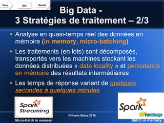 © Karim Baïna 2016 21
Big Data -
3 Stratégies de traitement – 2/3
● Analyse en quasi-temps réel des données en
mémoire (in memory, micro-batching)
● Les traitements (en lots) sont décomposés,
transportés vers les machines stockant les
données distribuées « data locality » et persistance
en mémoire des résultats intermédiaires
● Les temps de réponse varient de quelques
secondes à quelques minutes
Micro-Batch in memory Batch in memory
 