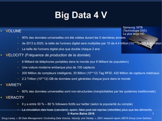 © Karim Baïna 2016 5
Big Data 4 V
● VOLUME
– 90% des données universelles ont été créées durant les 5 dernières années
– de 2013 à 2020, la taille de l'univers digital sera multipliée par 10 de 4.4 trillion (10**12) GB à 44 trillion
– La taille de l'univers digital plus que double chaque 2 ans
● VELOCITY (Fréquence de production de la donnée)
– 6 Milliard de téléphones portables dans le monde (sur 8 Milliard de population)
– Une voiture moderne embarque plus de 100 capteurs
– 200 Million de compteurs intelligents, 30 Billion (10**12) Tag RFID, 420 Million de capteurs médicaux
– 2,3 Trillion (10**12) GB de données sont générées chaque jours dans le monde
● VARIETY
● 80% des données universelles sont non-structurées (inexploitables par les systèmes traditionnels)
● VERACITY
● Il y a entre 30 % – 80 % followers fictifs sur twitter (selon la popularité du compte)
– La circulation des hoax (canulars), spam, fake post est reprise (retwittée) plus que les démentis.
Doug Laney, « 3D Data Management: Controlling Data Volume, Velocity, and Variety. », 2001 research report, META Group (now Gartner)
Samsung 16TB
(Technologie SSD)
Le plus large HD
 