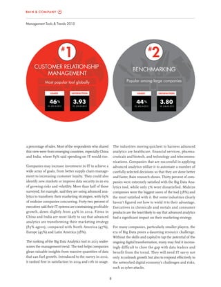 8
Management Tools & Trends 2015
The industries moving quickest to harness advanced
analytics are healthcare, financial services, pharma-
ceuticals and biotech, and technology and telecommu-
nications. Companies that are successful in applying
advanced analytics utilize it to automate a number of
carefully selected decisions so that they are done better
and faster, Bain research shows. Thirty percent of com-
panies were extremely satisﬁed with the Big Data Ana-
lytics tool, while only 5% were dissatisfied. Midsize
companies were the biggest users of the tool (38%) and
the most satisﬁed with it. But some industries clearly
haven’t ﬁgured out how to wield it to their advantage.
Executives in chemicals and metals and consumer
products are the least likely to say that advanced analytics
had a signiﬁcant impact on their marketing strategy.
For many companies, particularly smaller players, the
era of Big Data poses a daunting resource challenge.
Without the skills and capital to tap the potential of the
ongoing digital transformation, many may ﬁnd it increas-
ingly difficult to close the gap with data leaders and
benefit from the trend. They will need IT savvy not
only to unleash growth but also to respond effectively to
the networked digital economy’s challenges and risks,
such as cyber attacks.
a percentage of sales. Most of the respondents who shared
this view were from emerging countries, especially China
and India, where 83% said spending on IT would rise.
Companies may increase investment in IT to achieve a
wide array of goals, from better supply chain manage-
ment to increasing customer loyalty. They could also
identify new markets or improve data security in an era
of growing risks and volatility. More than half of those
surveyed, for example, said they are using advanced ana-
lytics to transform their marketing strategies, with 65%
of midsize companies concurring. Forty-two percent of
executives said their IT systems are constraining proﬁtable
growth, down slightly from 49% in 2012. Firms in
China and India are most likely to say that advanced
analytics are transforming their marketing strategy
(83% agree), compared with North America (47%),
Europe (45%) and Latin America (38%).
The ranking of the Big Data Analytics tool in 2015 under-
scores the management trend. The tool helps companies
glean valuable insights from massive quantities of data
that can fuel growth. Introduced to the survey in 2012,
it ranked ﬁrst in satisfaction in 2014 and 11th in usage.
CUSTOMER RELATIONSHIP
MANAGEMENT
Most popular tool globally
1#
USAGE
%46
SATISFACTION
3.93
VS. 43% IN 2012 VS. 3.96 IN 2012
BENCHMARKING
Popular among large companies
2#
USAGE
%44
SATISFACTION
3.80
VS. 40% IN 2012 VS. 3.86 IN 2012
 