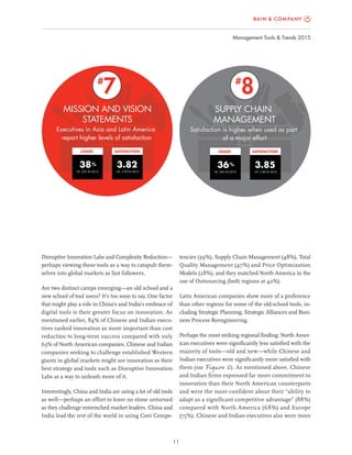Management Tools & Trends 2015
11
tencies (39%), Supply Chain Management (48%), Total
Quality Management (47%) and Price Optimization
Models (28%), and they matched North America in the
use of Outsourcing (both regions at 42%).
Latin American companies show more of a preference
than other regions for some of the old-school tools, in-
cluding Strategic Planning, Strategic Alliances and Busi-
ness Process Reengineering.
Perhaps the most striking regional ﬁnding: North Amer-
ican executives were signiﬁcantly less satisﬁed with the
majority of tools—old and new—while Chinese and
Indian executives were signiﬁcantly more satisﬁed with
them (see Figure 6). As mentioned above, Chinese
and Indian ﬁrms expressed far more commitment to
innovation than their North American counterparts
and were the most confident about their “ability to
adapt as a significant competitive advantage” (88%)
compared with North America (68%) and Europe
(75%). Chinese and Indian executives also were more
Disruptive Innovation Labs and Complexity Reduction—
perhaps viewing these tools as a way to catapult them-
selves into global markets as fast followers.
Are two distinct camps emerging—an old school and a
new school of tool users? It’s too soon to say. One factor
that might play a role in China’s and India’s embrace of
digital tools is their greater focus on innovation. As
mentioned earlier, 84% of Chinese and Indian execu-
tives ranked innovation as more important than cost
reduction to long-term success compared with only
63% of North American companies. Chinese and Indian
companies seeking to challenge established Western
giants in global markets might see innovation as their
best strategy and tools such as Disruptive Innovation
Labs as a way to unleash more of it.
Interestingly, China and India are using a lot of old tools
as well—perhaps an effort to leave no stone unturned
as they challenge entrenched market leaders. China and
India lead the rest of the world in using Core Compe-
MISSION AND VISION
STATEMENTS
Executives in Asia and Latin America
report higher levels of satisfaction
7#
USAGE
%38
SATISFACTION
3.82
VS. 33% IN 2012 VS. 3.90 IN 2012
SUPPLY CHAIN
MANAGEMENT
Satisfaction is higher when used as part
of a major effort
8#
USAGE
%36
SATISFACTION
3.85
VS. 34% IN 2012 VS. 3.86 IN 2012
 