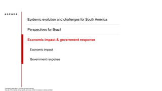 A G E N D A
Epidemic evolution and challenges for South America
Perspectives for Brazil
Economic impact & government response
Economic impact
Government response
Copyright @ 2020 Bain & Company. All rights reserved.
Any use of this material without specific permission of Bain & Company is strictly prohibited
 