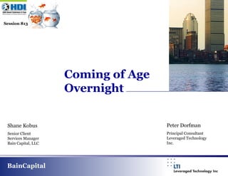 Session 813

Coming of Age
Overnight
Shane Kobus

Peter Dorfman

Senior Client
Services Manager
Bain Capital, LLC

Principal Consultant
Leveraged Technology
Inc.

BainCapital

 