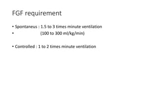 FGF requirement
• Spontaneus : 1.5 to 3 times minute ventilation
• (100 to 300 ml/kg/min)
• Controlled : 1 to 2 times minute ventilation
 
