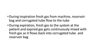 • During inspiration fresh gas from machine, reservoir
bag and corrugated tube flow to the tube
• During expiration, fresh gas to the system at the
patient and expired gas gets continuously mixed with
fresh gas as it flows back into corrugated tube and
reservoir bag
 