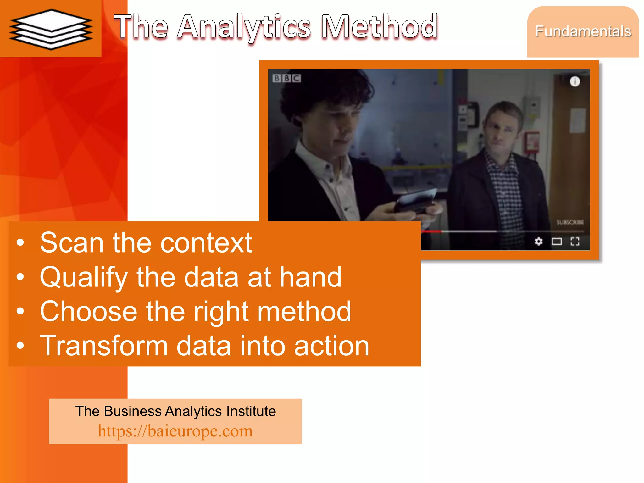 • Scan the context
• Qualify the data at hand
• Choose the right method
• Transform data into action
The Business Analytics Institute
https://baieurope.com
Fundamentals
 
