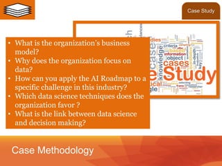 Case Methodology
Case Study
• What is the organization’s business
model?
• Why does the organization focus on
data?
• How can you apply the AI Roadmap to a
specific challenge in this industry?
• Which data science techniques does the
organization favor ?
• What is the link between data science
and decision making?
 
