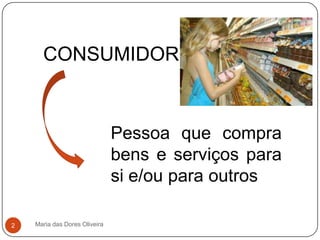 Maria das Dores Oliveira2CONSUMIDORPessoa que compra bens e serviços para si e/ou para outros
