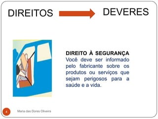 Maria das Dores Oliveira4DEVERESDIREITOSDIREITO À SEGURANÇAVocê deve ser informado pelo fabricante sobre os produtos ou serviços que sejam perigosos para a saúde e a vida.