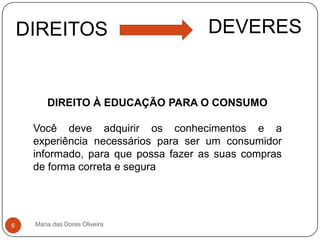 Maria das Dores Oliveira6DEVERESDIREITOSDIREITO À EDUCAÇÃO PARA O CONSUMOVocê deve adquirir os conhecimentos e a experiência necessários para ser um consumidor informado, para que possa fazer as suas compras de forma correta e segura