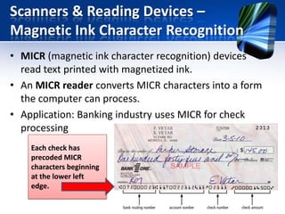 Scanners & Reading Devices –
Magnetic Ink Character Recognition
• MICR (magnetic ink character recognition) devices
read text printed with magnetized ink.
• An MICR reader converts MICR characters into a form
the computer can process.
• Application: Banking industry uses MICR for check
processing
Each check has
precoded MICR
characters beginning
at the lower left
edge.

 