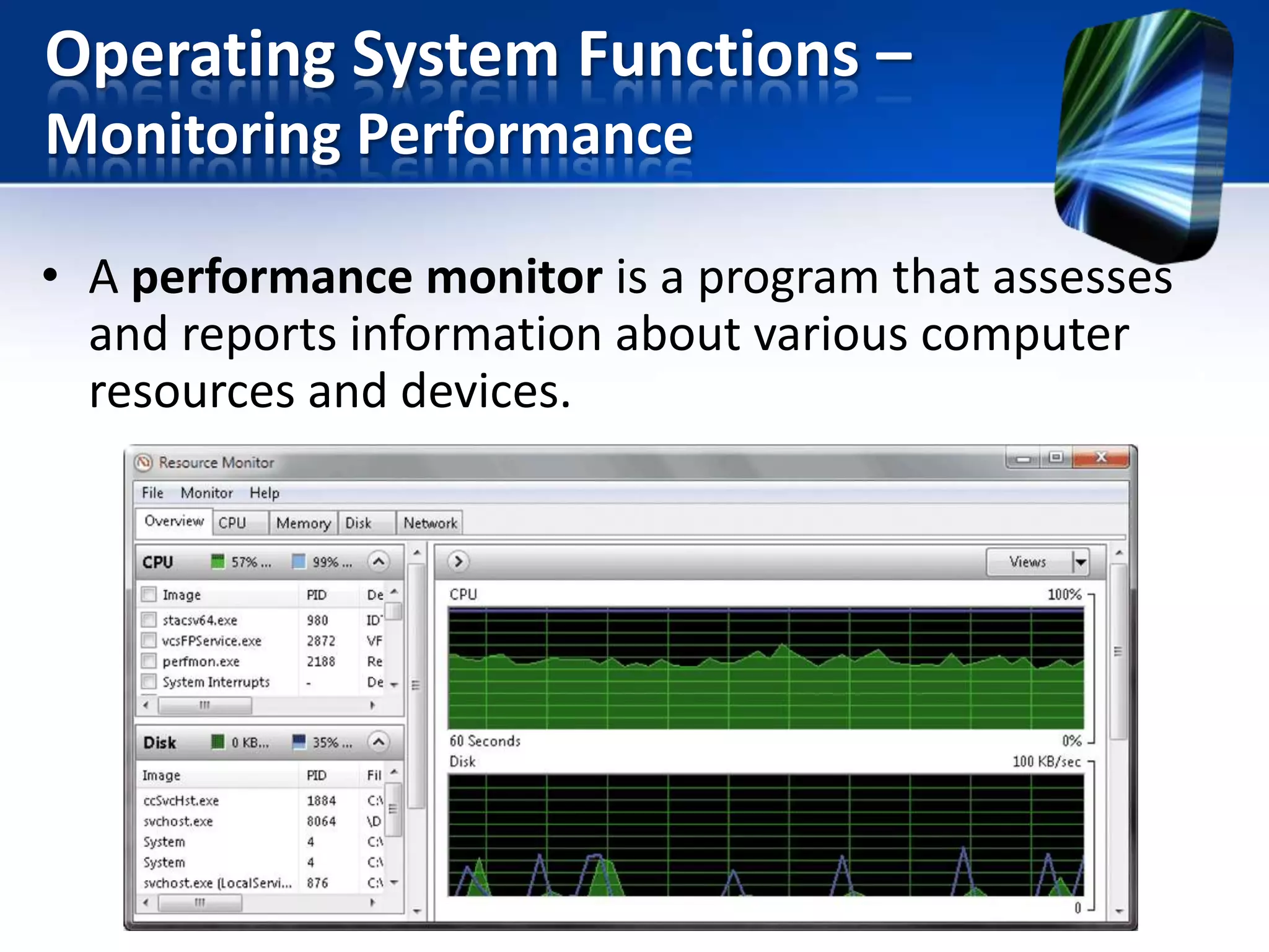 Operating System Functions –
Monitoring Performance
• A performance monitor is a program that assesses
and reports information about various computer
resources and devices.

 