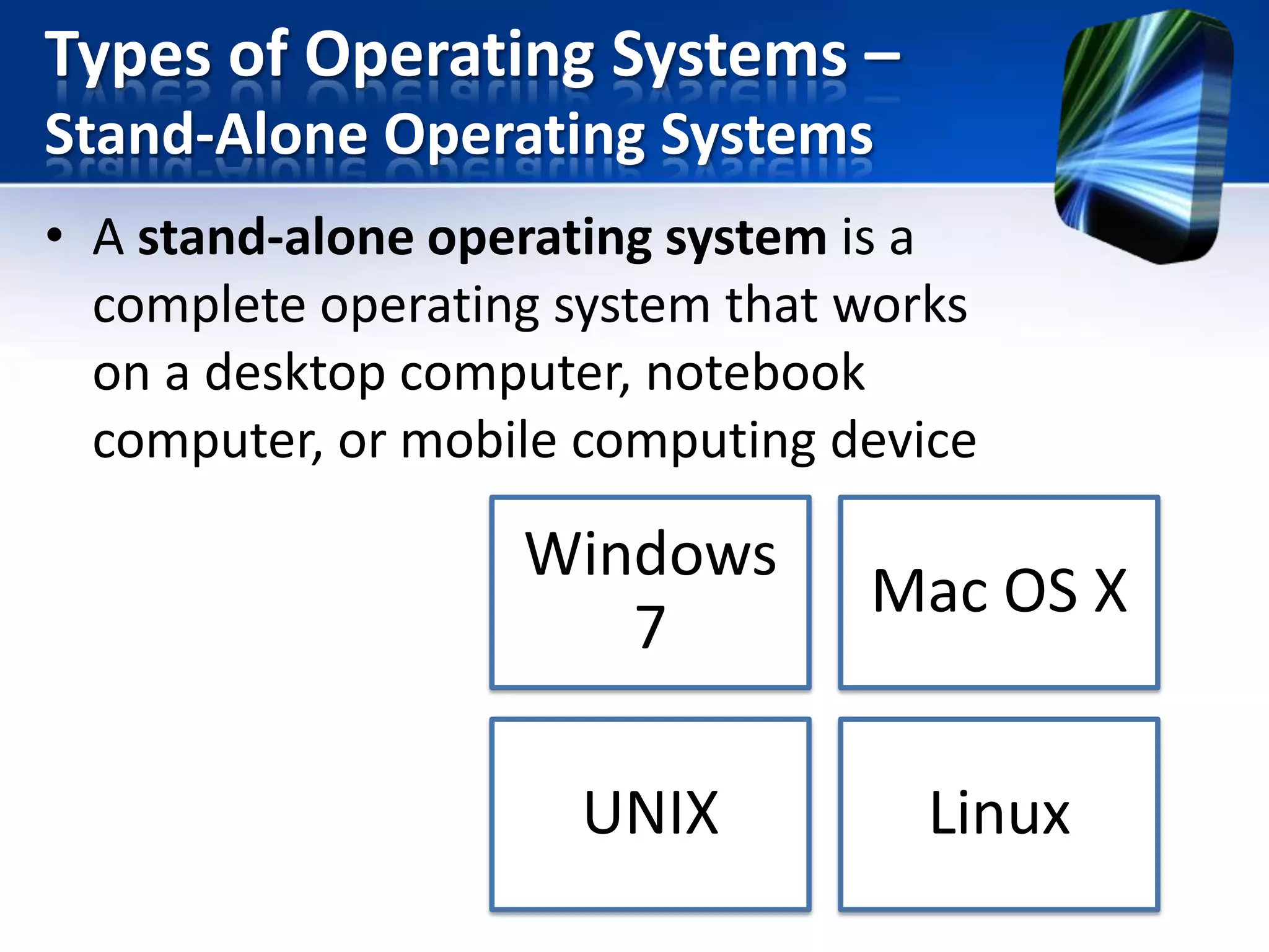 Types of Operating Systems –
Stand-Alone Operating Systems
• A stand-alone operating system is a
complete operating system that works
on a desktop computer, notebook
computer, or mobile computing device

Windows
7

Mac OS X

UNIX

Linux

 