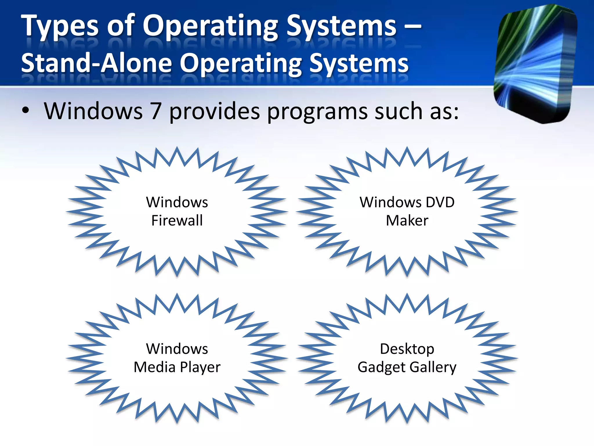 Types of Operating Systems –
Stand-Alone Operating Systems
• Windows 7 provides programs such as:

Windows
Firewall

Windows DVD
Maker

Windows
Media Player

Desktop
Gadget Gallery

 