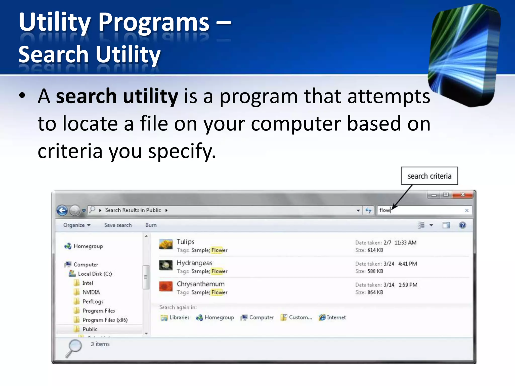 Utility Programs –
Search Utility
• A search utility is a program that attempts
to locate a file on your computer based on
criteria you specify.

 
