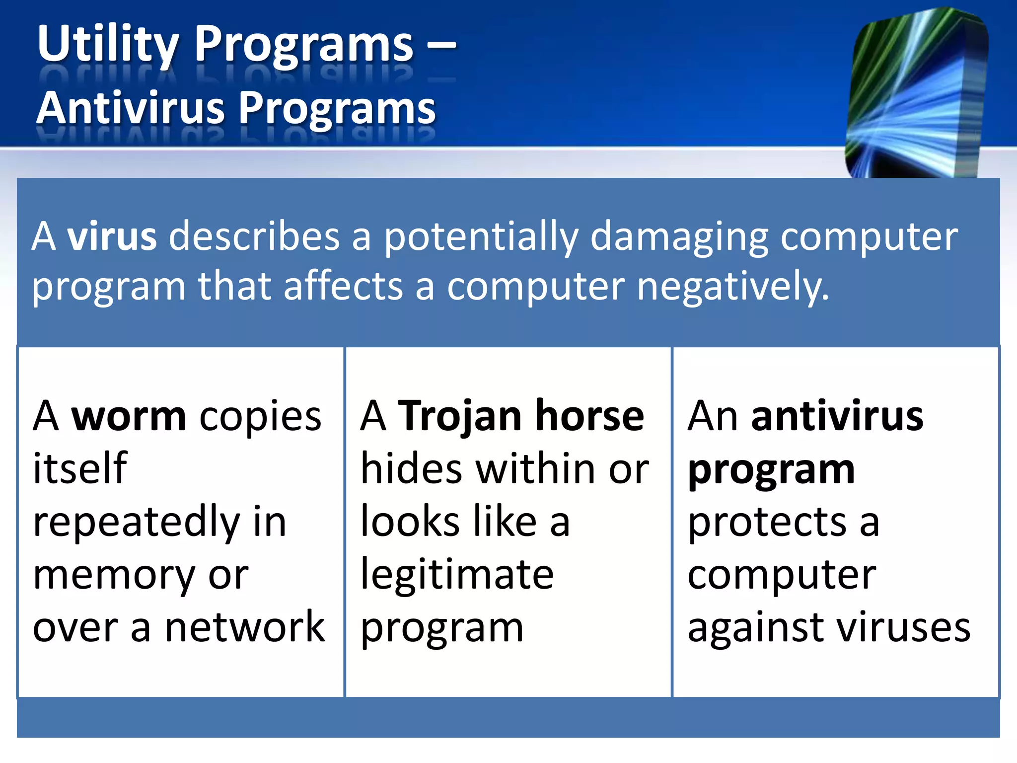 Utility Programs –
Antivirus Programs
A virus describes a potentially damaging computer
program that affects a computer negatively.

A worm copies
itself
repeatedly in
memory or
over a network

A Trojan horse
hides within or
looks like a
legitimate
program

An antivirus
program
protects a
computer
against viruses

 