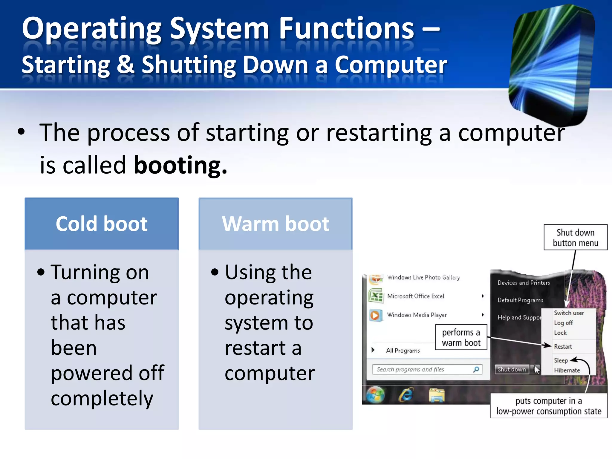 Operating System Functions –
Starting & Shutting Down a Computer

• The process of starting or restarting a computer
is called booting.
Cold boot

• Turning on
a computer
that has
been
powered off
completely

Warm boot

• Using the
operating
system to
restart a
computer

 