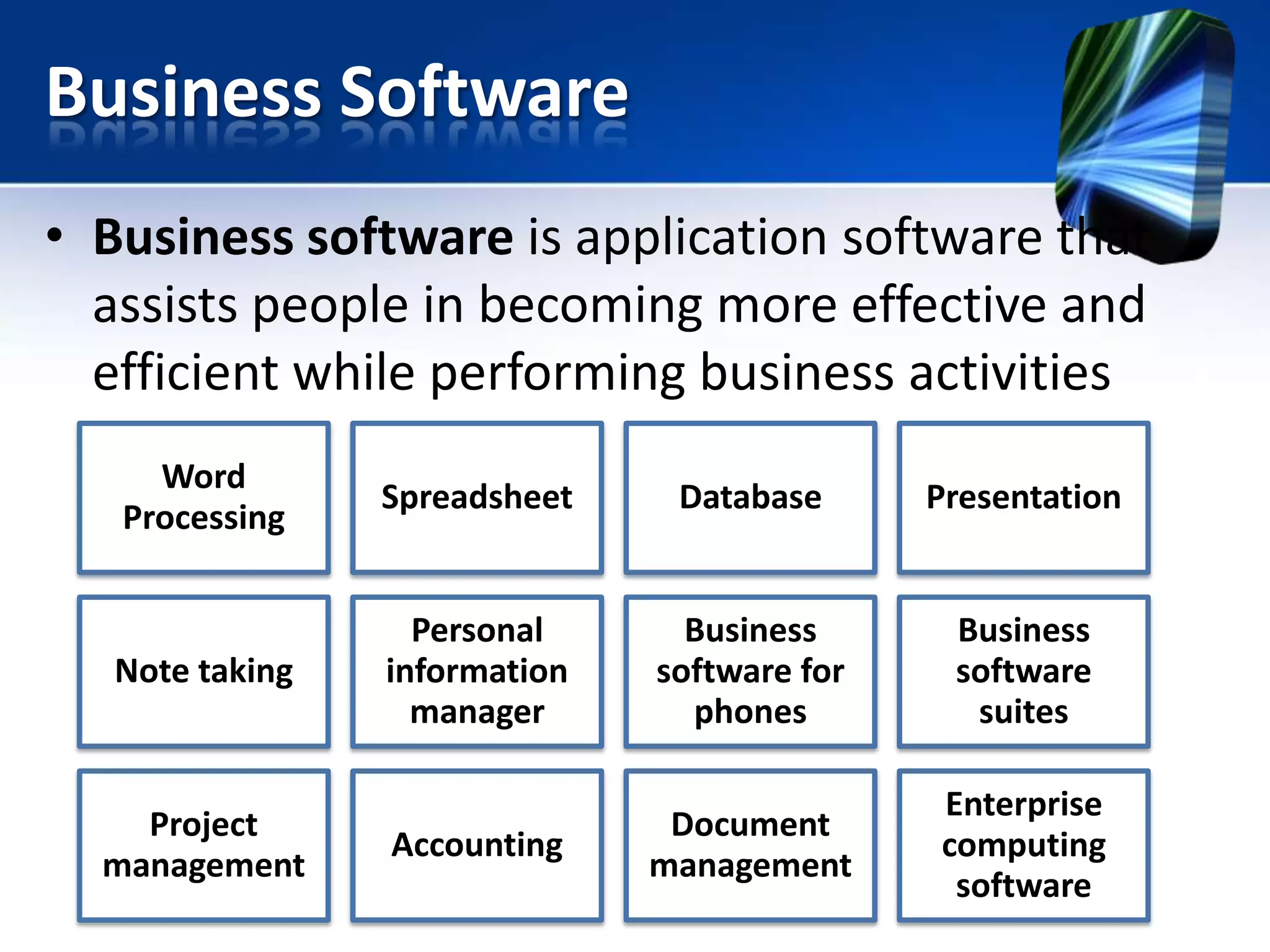 Business Software
• Business software is application software that
assists people in becoming more effective and
efficient while performing business activities
Word
Processing

Spreadsheet

Database

Presentation

Note taking

Personal
information
manager

Business
software for
phones

Business
software
suites

Accounting

Document
management

Enterprise
computing
software

Project
management

 