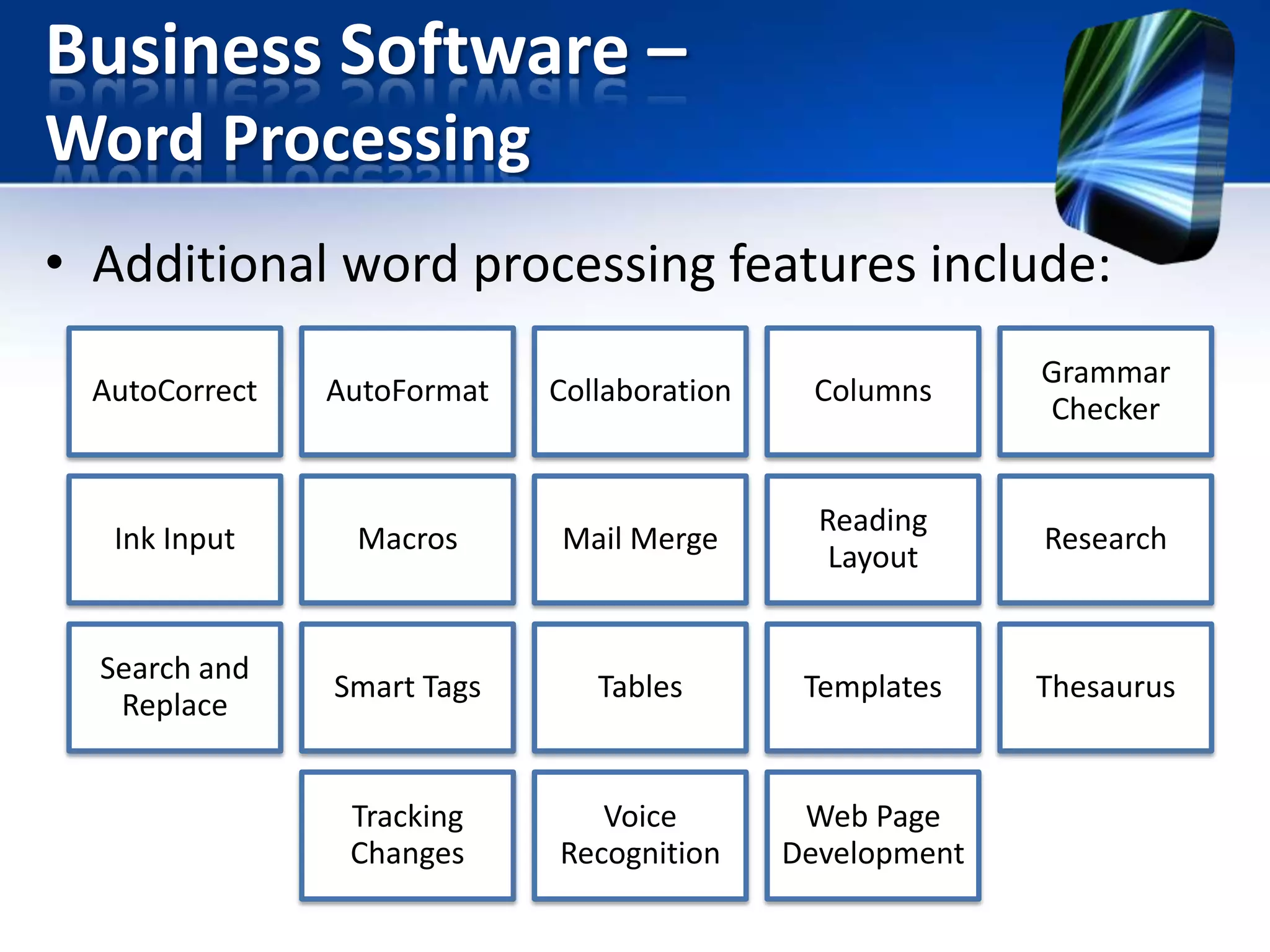 Business Software –
Word Processing
• Additional word processing features include:
AutoCorrect

AutoFormat

Collaboration

Columns

Grammar
Checker

Ink Input

Macros

Mail Merge

Reading
Layout

Research

Search and
Replace

Smart Tags

Tables

Templates

Thesaurus

Tracking
Changes

Voice
Recognition

Web Page
Development

 