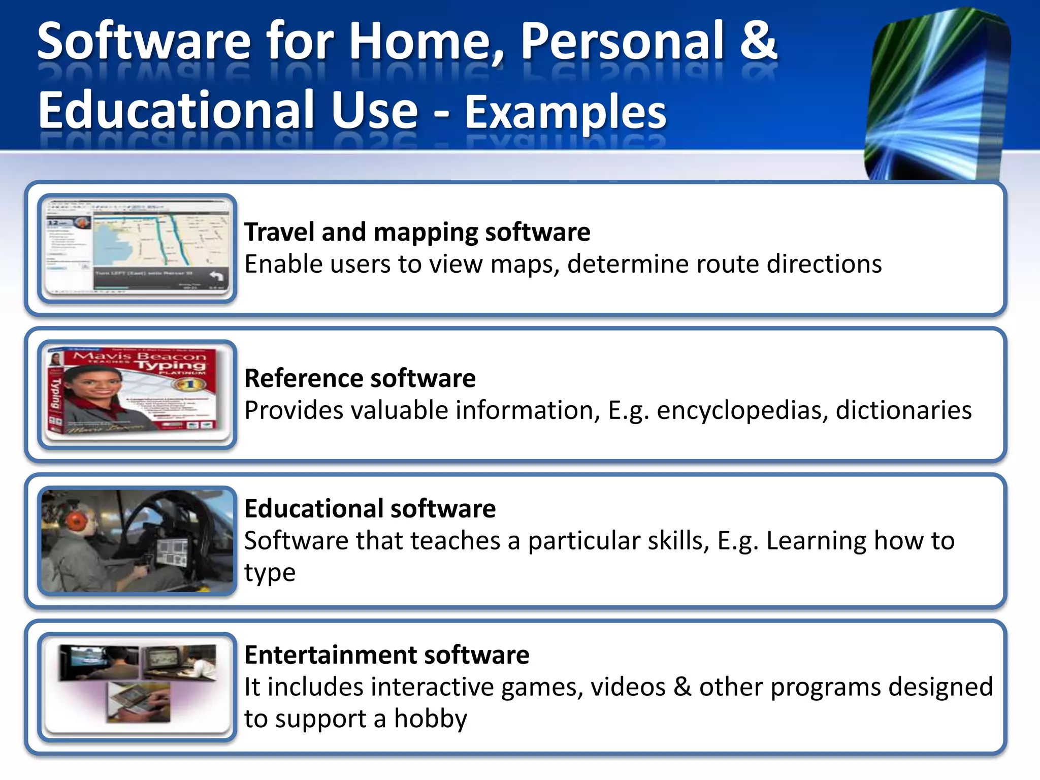 Software for Home, Personal &
Educational Use - Examples
Travel and mapping software
Enable users to view maps, determine route directions

Reference software
Provides valuable information, E.g. encyclopedias, dictionaries
Educational software
Software that teaches a particular skills, E.g. Learning how to
type
Entertainment software
It includes interactive games, videos & other programs designed
to support a hobby

 