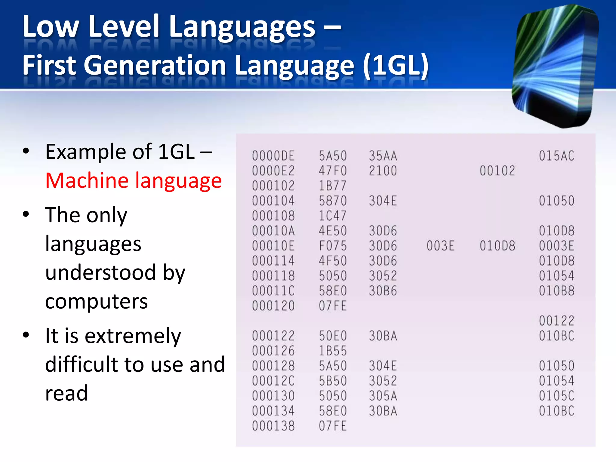 Low Level Languages –
First Generation Language (1GL)
• Example of 1GL –
Machine language
• The only
languages
understood by
computers
• It is extremely
difficult to use and
read

 