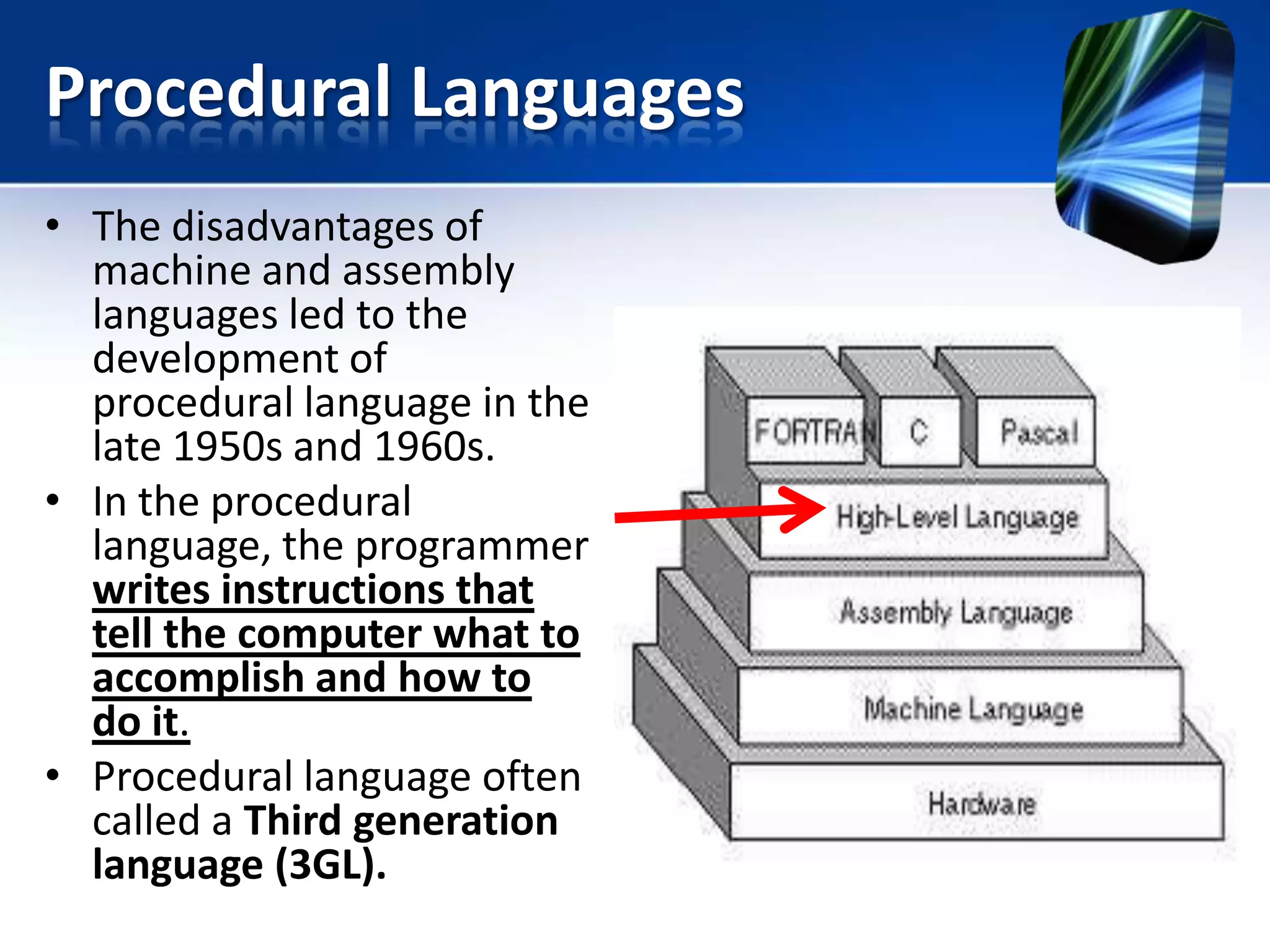 Procedural Languages
• The disadvantages of
machine and assembly
languages led to the
development of
procedural language in the
late 1950s and 1960s.
• In the procedural
language, the programmer
writes instructions that
tell the computer what to
accomplish and how to
do it.
• Procedural language often
called a Third generation
language (3GL).

 