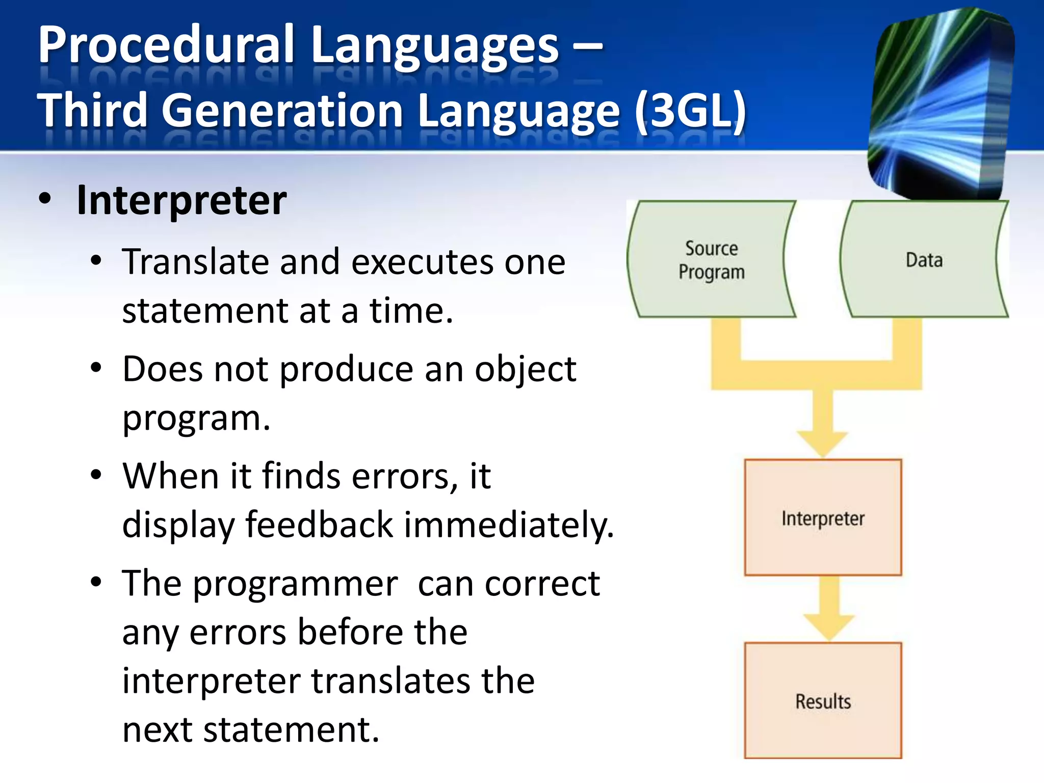 Procedural Languages –
Third Generation Language (3GL)
• Interpreter
• Translate and executes one
statement at a time.
• Does not produce an object
program.
• When it finds errors, it
display feedback immediately.
• The programmer can correct
any errors before the
interpreter translates the
next statement.

 