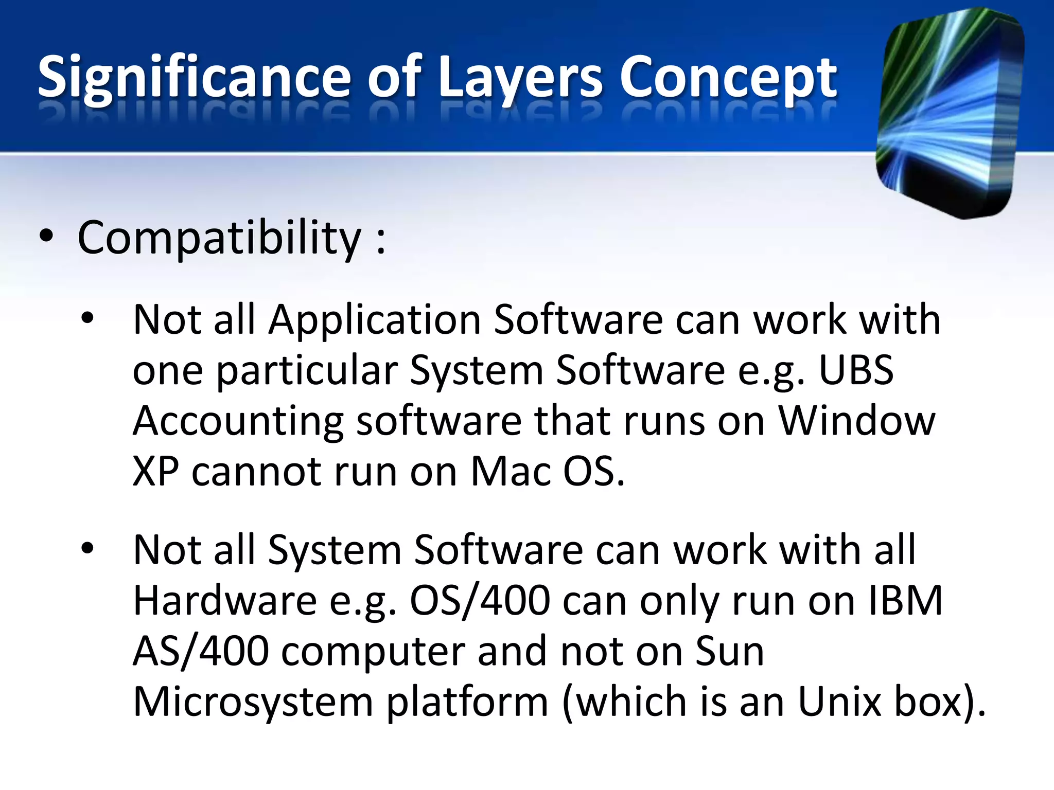 Significance of Layers Concept
• Compatibility :
• Not all Application Software can work with
one particular System Software e.g. UBS
Accounting software that runs on Window
XP cannot run on Mac OS.
• Not all System Software can work with all
Hardware e.g. OS/400 can only run on IBM
AS/400 computer and not on Sun
Microsystem platform (which is an Unix box).

 