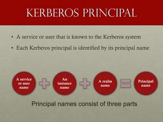 Kerberos principal
• A service or user that is known to the Kerberos system
• Each Kerberos principal is identified by its principal name

A service
or user
name

An
instance
name

A realm
name

Principal names consist of three parts

Principal
name

 