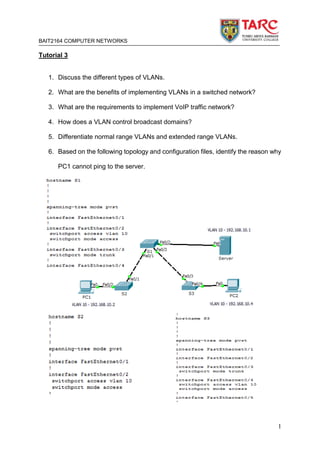 BAIT2164 COMPUTER NETWORKS
1
Tutorial 3
1. Discuss the different types of VLANs.
2. What are the benefits of implementing VLANs in a switched network?
3. What are the requirements to implement VoIP traffic network?
4. How does a VLAN control broadcast domains?
5. Differentiate normal range VLANs and extended range VLANs.
6. Based on the following topology and configuration files, identify the reason why
PC1 cannot ping to the server.
 