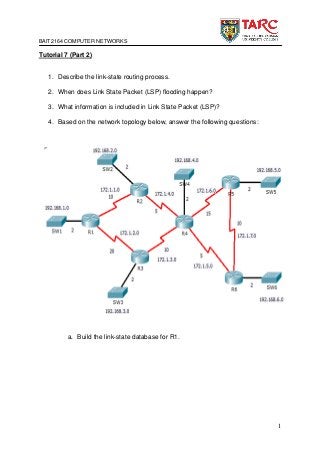 BAIT2164 COMPUTER NETWORKS
1
Tutorial 7 (Part 2)
1. Describe the link-state routing process.
2. When does Link State Packet (LSP) flooding happen?
3. What information is included in Link State Packet (LSP)?
4. Based on the network topology below, answer the following questions:
a. Build the link-state database for R1.
 