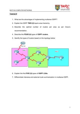 BAIT2164 COMPUTER NETWORKS
1
Tutorial 9
1. What are the advantages of implementing multiarea OSPF?
2. Explain the OSPF TWO (2) layers area hierarchy.
3. Describe the optimal number of routers per area as per Cisco’s
recommendation.
4. Describe the FOUR (4) types of OSPF routers.
5. Identify the types of routers based on the topology below:
6. Explain the first FIVE (5) types of OSPF LSAs.
7. Differentiate interarea and external route summarization in multiarea OSPF.
 