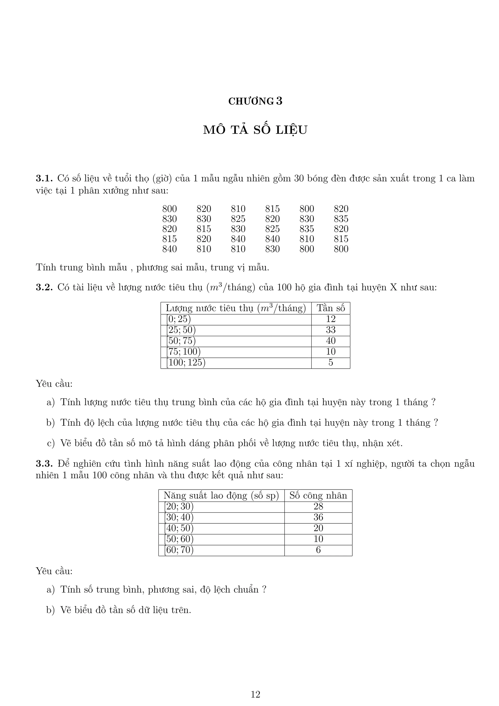 CHƯƠNG 3
MÔ TẢ SỐ LIỆU
3.1. Có số liệu về tuổi thọ (giờ) của 1 mẫu ngẫu nhiên gồm 30 bóng đèn được sản xuất trong 1 ca làm
việc tại 1 phân xưởng như sau:
800 820 810 815 800 820
830 830 825 820 830 835
820 815 830 825 835 820
815 820 840 840 810 815
840 810 810 830 800 800
Tính trung bình mẫu , phương sai mẫu, trung vị mẫu.
3.2. Có tài liệu về lượng nước tiêu thụ (m3
/tháng) của 100 hộ gia đình tại huyện X như sau:
Lượng nước tiêu thụ (m3
/tháng) Tần số
[0; 25) 12
[25; 50) 33
[50; 75) 40
[75; 100) 10
[100; 125) 5
Yêu cầu:
a) Tính lượng nước tiêu thụ trung bình của các hộ gia đình tại huyện này trong 1 tháng ?
b) Tính độ lệch của lượng nước tiêu thụ của các hộ gia đình tại huyện này trong 1 tháng ?
c) Vẽ biểu đồ tần số mô tả hình dáng phân phối về lượng nước tiêu thụ, nhận xét.
3.3. Để nghiên cứu tình hình năng suất lao động của công nhân tại 1 xí nghiệp, người ta chọn ngẫu
nhiên 1 mẫu 100 công nhân và thu được kết quả như sau:
Năng suất lao động (số sp) Số công nhân
[20; 30) 28
[30; 40) 36
[40; 50) 20
[50; 60) 10
[60; 70) 6
Yêu cầu:
a) Tính số trung bình, phương sai, độ lệch chuẩn ?
b) Vẽ biểu đồ tần số dữ liệu trên.
12
 