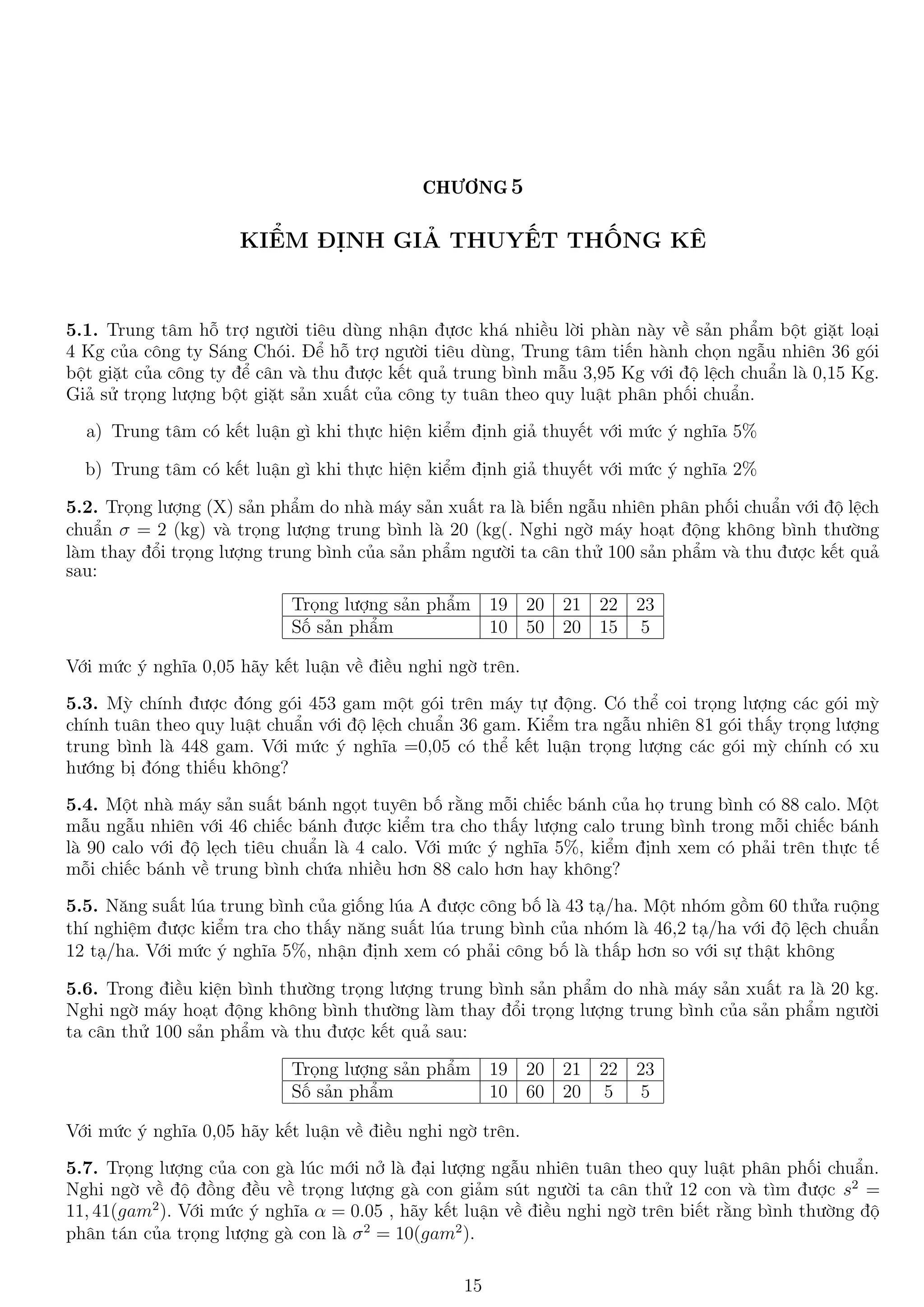 CHƯƠNG 5
KIỂM ĐỊNH GIẢ THUYẾT THỐNG KÊ
5.1. Trung tâm hỗ trợ người tiêu dùng nhận đựơc khá nhiều lời phàn này về sản phẩm bột giặt loại
4 Kg của công ty Sáng Chói. Để hỗ trợ người tiêu dùng, Trung tâm tiến hành chọn ngẫu nhiên 36 gói
bột giặt của công ty để cân và thu được kết quả trung bình mẫu 3,95 Kg với độ lệch chuẩn là 0,15 Kg.
Giả sử trọng lượng bột giặt sản xuất của công ty tuân theo quy luật phân phối chuẩn.
a) Trung tâm có kết luận gì khi thực hiện kiểm định giả thuyết với mức ý nghĩa 5%
b) Trung tâm có kết luận gì khi thực hiện kiểm định giả thuyết với mức ý nghĩa 2%
5.2. Trọng lượng (X) sản phẩm do nhà máy sản xuất ra là biến ngẫu nhiên phân phối chuẩn với độ lệch
chuẩn σ = 2 (kg) và trọng lượng trung bình là 20 (kg(. Nghi ngờ máy hoạt động không bình thường
làm thay đổi trọng lượng trung bình của sản phẩm người ta cân thử 100 sản phẩm và thu được kết quả
sau:
Trọng lượng sản phẩm 19 20 21 22 23
Số sản phẩm 10 50 20 15 5
Với mức ý nghĩa 0,05 hãy kết luận về điều nghi ngờ trên.
5.3. Mỳ chính được đóng gói 453 gam một gói trên máy tự động. Có thể coi trọng lượng các gói mỳ
chính tuân theo quy luật chuẩn với độ lệch chuẩn 36 gam. Kiểm tra ngẫu nhiên 81 gói thấy trọng lượng
trung bình là 448 gam. Với mức ý nghĩa =0,05 có thể kết luận trọng lượng các gói mỳ chính có xu
hướng bị đóng thiếu không?
5.4. Một nhà máy sản suất bánh ngọt tuyên bố rằng mỗi chiếc bánh của họ trung bình có 88 calo. Một
mẫu ngẫu nhiên với 46 chiếc bánh được kiểm tra cho thấy lượng calo trung bình trong mỗi chiếc bánh
là 90 calo với độ lẹch tiêu chuẩn là 4 calo. Với mức ý nghĩa 5%, kiểm định xem có phải trên thực tế
mỗi chiếc bánh về trung bình chứa nhiều hơn 88 calo hơn hay không?
5.5. Năng suất lúa trung bình của giống lúa A được công bố là 43 tạ/ha. Một nhóm gồm 60 thửa ruộng
thí nghiệm được kiểm tra cho thấy năng suất lúa trung bình của nhóm là 46,2 tạ/ha với độ lệch chuẩn
12 tạ/ha. Với mức ý nghĩa 5%, nhận định xem có phải công bố là thấp hơn so với sự thật không
5.6. Trong điều kiện bình thường trọng lượng trung bình sản phẩm do nhà máy sản xuất ra là 20 kg.
Nghi ngờ máy hoạt động không bình thường làm thay đổi trọng lượng trung bình của sản phẩm người
ta cân thử 100 sản phẩm và thu được kết quả sau:
Trọng lượng sản phẩm 19 20 21 22 23
Số sản phẩm 10 60 20 5 5
Với mức ý nghĩa 0,05 hãy kết luận về điều nghi ngờ trên.
5.7. Trọng lượng của con gà lúc mới nở là đại lượng ngẫu nhiên tuân theo quy luật phân phối chuẩn.
Nghi ngờ về độ đồng đều về trọng lượng gà con giảm sút người ta cân thử 12 con và tìm được s2
=
11, 41(gam2
). Với mức ý nghĩa α = 0.05 , hãy kết luận về điều nghi ngờ trên biết rằng bình thường độ
phân tán của trọng lượng gà con là σ2
= 10(gam2
).
15
 