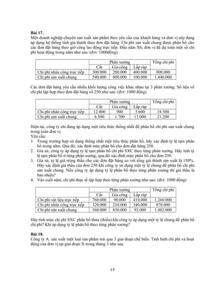 Bài 17.
Một doanh nghiệp chuyên sản xuất sản phẩm theo yêu cầu của khách hàng và đơn vị này đang
áp dụng hệ thống tính giá thành theo đơn đặt hàng. Chi phí sản xuất chung được phân bổ cho
các đơn đặt hàng theo giờ công lao động trực tiếp. Đầu năm X6, đơn vị đã dự toán một sổ chi
phí họat động trong năm như sau: (đvt: 1000đồng)
Phân xưởng Tổng chi phí
Cắt Gia công Lắp ráp
Chi phí nhân công trực tiếp 300.000 200.000 400.000 900.000
Chi phí sản xuất chung 540.000 800.000 100.000 1.440.000
Các đơn đặt hàng yêu cầu nhiều khối lượng công việc khác nhau tại 3 phân xưởng. Số liệu về
chi phí tập hợp theo đơn đặt hàng số 250 như sau: (đvt: 1000 đồng)
Phân xưởng Tổng chi phí
Cắt Gia công Lắp ráp
Chi phí nhân công trực tiếp 12.000 900 5.600 18.500
Chi phí sản xuất chung 6.500 1.700 13.000 21.200
Hiện tại, công ty chỉ đang áp dụng một tiêu thức thống nhất để phân bổ chi phí sản xuất chung
trong toàn đơn vị.
Yêu cầu:
1. Trong trường hợp sử dụng thống nhất một tiêu thức phân bổ, hãy xác định tỷ lệ tạm phân
bổ trong năm. Qua đó, xác định mức phân bổ cho đơn đặt hàng 250.
2. Giả sử, công ty áp dụng tỷ lệ tạm phân bổ chi phí SXC theo từng phân xưởng. Hãy tính tỷ
lệ tạm phân bổ ở từng phân xưởng, qua đó xác đính mức phân bổ cho đơn 250.
3. Giả sử, tỷ lệ giá trúng thầu cho các đơn đặt hàng so với tổng giá thành sản xuất là 150%.
Hãy xác định giá thầu của đơn 250 khi công ty sử dụng một tỷ lệ chung để phân bổ chi phi
sản xuất chung. Nếu công ty áp dụng tỷ lệ phân bổ theo từng phân xưởng thì giá thầu là
bao nhiêu?
4. Vào cuối năm, chi phí thực tế tập hợp theo từng phân xưởng như sau: (đvt: 1000 đồng)
Phân xưởng Tổng chi phí
Cắt Gia công Lắp ráp
Chi phí vật liệu trực tiếp 760.000 90.000 410.000 1.260.000
Chi phí nhân công trực tiếp 320.000 210.000 340.000 870.000
Chi phí sản xuất chung 560.000 830.000 92.000 1.482.000
Hãy tính mức chi phí SXC phân bổ thừa (thiếu) khi công ty áp dụng một tỷ lệ chung để phân bổ
chi phí? Khi áp dụng tỷ lệ phân bổ theo từng phân xưởng?
Bài 18.
Công ty A. sản xuất một loại sản phẩm trải qua 3 giai đoạn chế biến. Tình hình chi phí và hoạt
động của đơn vị tại giai đoạn X trong tháng 3 như sau:
13
 