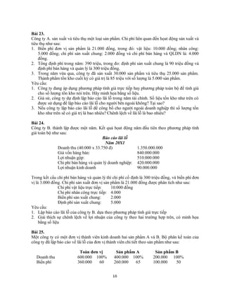 Bài 23.
Công ty A. sản xuất và tiêu thụ một loại sản phẩm. Chi phí liên quan đến họat động sản xuất và
tiêu thụ như sau:
1. Biến phí đơn vị sản phẩm là 21.000 đồng, trong đó: vật liệu: 10.000 đồng; nhân công:
5.000 đồng; chi phí sản xuất chung: 2.000 đồng và chi phí bán hàng và QLDN là: 4.000
đồng.
2. Tổng định phí trong năm: 390 triệu, trong đo: định phí sản xuất chung là 90 triệu đồng và
định phí bán hàng và quản lý là 300 triệu đồng.
3. Trong năm vừa qua, công ty đã sản xuất 30.000 sản phẩm và tiêu thụ 25.000 sản phẩm.
Thành phẩm tồn kho cuối kỳ có giá trị là 85 triệu với số lượng là 5.000 sản phẩm.
Yêu cầu:
1. Công ty đang áp dụng phương pháp tính giá trực tiếp hay phương pháp toàn bộ để tính giá
cho số lượng tồn kho nói trên. Hãy minh họa bằng số liệu.
2. Giả sử, công ty dự định lập báo cáo lãi lỗ trong năm tài chính. Số liệu tồn kho như trên có
được sử dụng để lập báo cáo lãi lỗ cho người bên ngoài không? Tại sao?
3. Nếu công ty lập báo cáo lãi lỗ để công bố cho người ngoài doanh nghiệp thì số lượng tồn
kho như trên sẽ có giá trị là bao nhiêu? Chênh lệch về lãi lỗ là bao nhiêu?
Bài 24.
Công ty B. thành lập được một năm. Kết quả họat động năm đầu tiên theo phương pháp tính
giá toàn bộ như sau:
Báo cáo lãi lỗ
Năm 20X1
Doanh thu (40.000 x 33.750 đ) 1.350.000.000
Giá vốn hàng bán: 840.000.000
Lợi nhuận gộp: 510.000.000
Chi phí bán hàng và quản lý doanh nghiệp: 420.000.000
Lợi nhuận kinh doanh 90.000.000
Trong kết cấu chi phí bán hàng và quản lý thì chi phí cố định là 300 triệu đồng, và biến phí đơn
vị là 3.000 đồng. Chi phí sản xuất đơn vị sản phẩm là 21.000 đồng được phân tích như sau:
Chi phí vật liệu trực tiếp: 10.000 đồng
Chi phí nhân công trực tiếp: 4.000
Biến phí sản xuất chung: 2.000
Định phí sản xuất chung: 5.000
Yêu cầu:
1. Lập báo cáo lãi lỗ của công ty B. dựa theo phương pháp tính giá trực tiếp
2. Giải thích sự chênh lệch về lợi nhuận của công ty theo hai trường hợp trên, có minh họa
bằng số liệu
Bài 25.
Một công ty có một đơn vị thành viên kinh doanh hai sản phẩm A và B. Bộ phân kế toán của
công ty đã lập báo cáo về lãi lỗ của đơn vị thành viên chi tiết theo sản phẩm như sau:
Toàn đơn vị Sản phẩm A Sản phẩm B
Doanh thu 600.000 100% 400.000 100% 200.000 100%
Biến phí 360.000 60 260.000 65 100.000 50
16
 