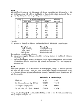Bài 8.
Chi phí hỗ trợ kỹ thuật của một nhà máy sản xuất đồ hộp gồm hai loại: chi phí nhân công và chi
phí vật liệu, phụ tùng. Một nghi vấn của bộ phận kỹ thuật cho biết chi phí này thay đổi theo số
giờ máy chạy. Số liệu thu thập trong 9 tháng vừa qua như sau:
Tháng Chi phí hỗ trợ kỹ thuật Số lượng
Nhân công Vật liệu Tổng CP máy chạy
1 347 847 1.194 30
2 521 0 521 63
3 398 0 398 49
4 355 961 1.361 38
5 473 0 473 57
6 617 0 617 73
7 245 821 1.066 19
8 487 0 487 53
9 431 0 431 42
Yêu cầu:
1. Aïp dụng kỹ thuật đồ thị phân tán, hãy biểu diễn hàm chi phí theo các trường hợp sau:
Biến phụ thuộc Biến độc lập
Chi phí nhân công Số lượng máy chạy
Chi phí vật liệu Số lượng máy chạy
Tổng chi phí Số lượng máy chạy
Đánh giá từng trường hợp qua phân tích
2. Aïp dụng phương pháp điểm cao, điểm thấp; ước lượng các tham số của hàm chi phí trong
từng trường hợp
3. Aïp dụng phương pháp phân tích tương quan hồi qui, hãy ước lượng và kiểm định các tham
số của hàm chi phí trong từng trường hợp. So sánh với kết quả yêu cầu 2 theo từng trường
hợp tương ứng.
Bài 9.
Một doanh nghiệp sản xuất tổ chức theo dõi chi phí tại hai phân xưởng A và B để tính giá thành
sản phẩm theo đơn đặt hàng. Chi phí SXC được phân bổ theo số máy hoạt động tại phân xưởng
A và theo chi phí nhân công trực tiếp tại phân xưởng B. Trích số liệu trong dự toán năm X5
của doanh nghiệp:
Phân xưởng A Phân xưởng B
Số giờ máy 6.300 8.200
Chi phí nhân công trực tiếp (1000đ) 106.250 174.240
Giờ công lao động trực tiếp 12.500 19.800
Chi phí sản xuất chung (1000đ) 170.000 453.024
Trong năm, doanh nghiệp đã hoàn thành đơn đặt hàng số 250. Số liệu chi phí theo đơn đặt hàng
này tại hai phân xưởng như sau:
7
 