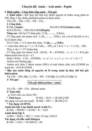 Chuyên đề: Amin – Axit amin - Peptit 
I. Định nghĩa – Công thức tổng quát – Tên gọi: 
1. Khái niệm : Khi thay thế một hay nhiều nguyên tử hidro trong phân tử 
NH3 bằng 1 hay nhiều gốchidrocacbon ta được amin . 
VD: CH3 – NH2 ; CH3 – NH – CH3 . 
2. Công thức . 
R-NH2 (Amin) ; H2N-R-COOH(Amino axit); 
H2N-CH-CO-…-NH-CH-COOH(Peptit) 
Nâng cao : Ôn lại CT tổng quát : CnH2n + 2 – 2a – x (Chức)x 
CT tổng quát của amino axit : CnH2n + 2 – 2a – x (NH2)x với a là số liên kết p và x 
là số nhóm chức. 
Từ CT trên => CT amin đơn chức : CnH2n + 1 – 2a (NH2) 
=> amin đơn chức no => a = 0: CnH2n + 1 NH2, có 1 lk p => a = 1: CnH2n – 1NH2 
Thay a vào => CT tương ứng. 
CT tổng quát của amino Axit : (H2N)n – R – (COOH)n’ : n , n’ ≥ 1 : R là gốc 
hidrocacbon hóa trị (n + n’) 
Hoặc ( H2N)n – CxHy – (COOH)n’ : n , n’ ≥ 1 , x ≥ 1 , y + n + n’ ≤ 2x + 2 
Amino axit thường gặp : 
Amino axit chứa 1 nhóm amino (NH2) và một nhóm chức axit (COOH) no 
mạch hở : H2N-R-COOH 
* Bậc của amin bằng số nguyên tử H trong amin bị thay thế bởi gốc 
hidrocabon 
Vd: CH3 – NH2 (Bậc 1), CH3 – NH – CH3(Bậc 2), (CH3)3N (Bậc 3) 
1/ Tên gọi : 
Tên gốc hidrocacbon + amin 
Vd: CH3 – NH – CH3 : đimetyl amin. 
2/ Tính chất 
a) Tính chất của nhóm NH2 
* Tính bazơ: R-NH2 + H2O => [R-NH3]+OH-Tác 
dụng với axit cho muối: R-NH2 + HCl => [R-NH3]+Cl- 
* Tác dụng với HNO2 
Amin béo bậc I tạo thành ancol và khí N2 : 
R-NH2 + HONO => R-OH + N2 + H2O 
Amin thơm bậc I: 
ArNH2 + HNO2 + HCl => ArN2+Cl hay ArN2Cl 
Tác dụng với dẫn xuất Halogen 
R-NH2 + CH3I => R-NHCH3 + HI 
1 
 