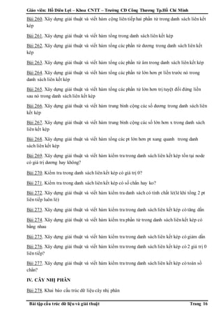 Giáo viên: Hồ Diên Lợi – Khoa CNTT – Trường CĐ Công Thương Tp.Hồ Chí Minh
Bài tập cấu trúc dữ liệu và giải thuật Trang 16
Bài 260. Xây dựng giải thuật và viết hàm cộng liên tiếp hai phần tử trong danh sách liên kết
kép
Bài 261. Xây dựng giải thuật và viết hàm tổng trong danh sách liên kết kép
Bài 262. Xây dựng giải thuật và viết hàm tổng các phần tử dương trong danh sách liên kết
kép
Bài 263. Xây dựng giải thuật và viết hàm tổng các phần tử âm trong danh sách liên kết kép
Bài 264. Xây dựng giải thuật và viết hàm tổng các phần tử lớn hơn pt liền trước nó trong
danh sách liên kết kép
Bài 265. Xây dựng giải thuật và viết hàm tổng các phần tử lớn hơn trị tuyệt đối đứng liền
sau nó trong danh sách liên kết kép
Bài 266. Xây dựng giải thuật và viết hàm trung bình cộng các số dương trong danh sách liên
kết kép
Bài 267. Xây dựng giải thuật và viết hàm trung bình cộng các số lớn hơn x trong danh sách
liên kết kép
Bài 268. Xây dựng giải thuật và viết hàm tổng các pt lớn hơn pt xung quanh trong danh
sách liên kết kép
Bài 269. Xây dựng giải thuật và viết hàm kiểm tra trong danh sách liên kết kép tồn tại node
có giá trị dương hay không?
Bài 270. Kiểm tra trong danh sách liên kết kép có giá trị 0?
Bài 271. Kiểm tra trong danh sách liên kết kép có số chẳn hay ko?
Bài 272. Xây dựng giải thuật và viết hàm kiểm tra danh sách có tính chất lẻ(lẻ khi tổng 2 pt
liên tiếp luôn lẻ)
Bài 273. Xây dựng giải thuật và viết hàm kiểm tra trong danh sách liên kết kép có tăng dần
Bài 274. Xây dựng giải thuật và viết hàm kiểm tra phần tử trong danh sách liên kết kép có
bằng nhau
Bài 275. Xây dựng giải thuật và viết hàm kiểm tra trong danh sách liên kết kép có giảm dần
Bài 276. Xây dựng giải thuật và viết hàm kiểm tra trong danh sách liên kết kép có 2 giá trị 0
liên tiếp?
Bài 277. Xây dựng giải thuật và viết hàm kiểm tra trong danh sách liên kết kép có toàn sồ
chẳn?
IV. CÂY NHỊ PHÂN
Bài 278. Khai báo cấu trúc dữ liệu cây nhị phân
 