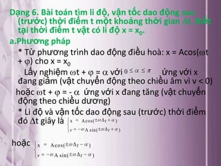 Dạng 6. Bài toán tìm li độ, vận tốc dao động sau
  (trước) thời điểm t một khoảng thời gian t. Biết
  tại thời điểm t vật có li độ x = x0.
a.Phương pháp
  * Từ phương trình dao động điều hoà: x = Acos( t
  + ) cho x = x0
    Lấy nghiệm t + = với 0              ứng với x
  đang giảm (vật chuyển động theo chiều âm vì v < 0)
  hoặc t + = - ứng với x đang tăng (vật chuyển
  động theo chiều dương)
  * Li độ và vận tốc dao động sau (trước) thời điểm
  đó t giây là x A cos( t )
                     v           A sin(   t   )

hoặc   x   A cos(        t        )
       v    A sin(           t        )
 