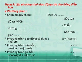 Dạng 9: Lập phương trình dao động của dao động điều
   hoà.
a.Phương pháp :
* Chọn hệ quy chiếu :         - Trục Ox ………
                                          - Gốc tọa
   độ tại VTCB
                                          - Chiều
   dương ……….
                                          - Gốc thời
   gian ………
* Phương trình dao động có dạng :         x = Acos( t
   + φ) cm
* Phương trình vận tốc :                         v= -
     Asin( t + φ) cm/s
* Phương trình gia tốc :                         a= -
     2Acos( t + φ) cm/s2
 