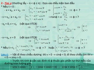 3 - Tìm (thường lấy – π < φ ≤ π) : Dựa vào điều kiện ban đầu
* Nếu t = 0 :          x0   A cos           cos
                                                    x                                            0

                                                    A
    - x = x0 , v = v0                                      φ= ?
                                      v0              A         sin                             v0
                                                                              sin
                                                      2                                          A
                               a0             A            co s
- v = v0 ; a = a0                                                           tanφ =              v0
                                                                                                                      φ=?
                               v0             A           sin                                   a0

- x0 = 0, v = v0        (vật qua VTCB)                                              co s             0
                                                      0     A cos                                                                 ?
                                                                                                         v0
                                                                                    A                                 0
                                                      v0         A sin                               sin                      A ?

                                                                                                  x0
- x = x0, v = 0         (vật qua VTCB)                                              A                             0
                                                  x0            A cos                           co s                              ?
                                                  0             A     sin           sin                  0                    A   ?
                   x1    A cos( t 1       )                                                 2
* Nếu t = t1 :                                             φ = ? hoặc          a1       A       cos( t 1          )       φ =?
                   v1     A sin( t 1          )                                v1       A sin( t 1            )
Lưu ý : – Vật đi theo chiều dương thì v > 0 sinφ < 0; đi theo chiều âm thì v
  < 0 sin > 0.
        – Trước khi tính φ cần xác định rõ φ thuộc góc phần tư thứ mấy của
  đường tròn lượng giác
        – sinx = cos(x – ) ; – cosx = cos(x + π) ; cosx = sin(x + ).
                                      2                                                                                   2
 