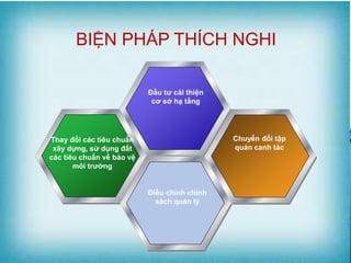 Đầu tư cải thiện
cơ sở hạ tầng
Thay đổi các tiêu chuẩn
xây dựng, sử dụng đất
các tiêu chuẩn về bảo vệ
môi trường
Chuyển đổi tập
quán canh tác
Điều chỉnh chính
sách quản lý
BIỆN PHÁP THÍCH NGHI
 