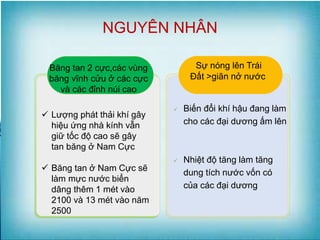 NGUYÊN NHÂN
Sự nóng lên Trái
Đất >giãn nở nước
 Biến đổi khí hậu đang làm
cho các đại dương ấm lên
 Nhiệt độ tăng làm tăng
dung tích nước vốn có
của các đại dương
 Lượng phát thải khí gây
hiệu ứng nhà kính vẫn
giữ tốc độ cao sẽ gây
tan băng ở Nam Cực
 Băng tan ở Nam Cực sẽ
làm mực nước biển
dâng thêm 1 mét vào
2100 và 13 mét vào năm
2500
Băng tan 2 cực,các vùng
băng vĩnh cửu ở các cực
và các đỉnh núi cao
 