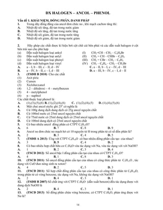 14
DX HALOGEN – ANCOL – PHENOL
Vấn đề 1. KHÁI NIỆM, ĐỒNG PHÂN, DANH PHÁP
1. Trong dãy đồng đẳng của ancol đơn chức no , khi mạch cacbon tăng thì:
A. Nhiệt độ sôi tăng, độ tan trong nước giảm
B. Nhiệt độ sôi tăng, độ tan trong nước tăng
C. Nhiệt độ sôi giảm, độ tan trong nước tăng
D. Nhiệt độ sôi giảm, độ tan trong nước giảm
2. Hãy ghép các chất được kí hiệu bởi cột chữ cái bên phải và các dẫn xuất halogen ở cột
bên trái sao cho phù hợp
(a) Dẫn xuất halogen loại ankyl
(b) Dẫn xuất halogen loại anlyl
(c) Dẫn xuất halogen loại phenyl
(d) Dẫn xuất halogen loại vinyl
(I) CH2=CH – CH2 – C6H4Br
(II) CH2 = CH – CHBr – C6H5
(III) CH2 = CBr – CH2 – C6H5
(IV) CH3 – C6H4 – CH2 – CH2Br
A. a – I, b – III, c – II, d – IV C. a – II, b – I, c – IV, d – III
B. a – IV, b – II, c – I, d – III D. a – III, b – IV, c – I, d – II
3. (TSĐH B 2010) Cho các chất
(1) Axit piric
(2) Cumen
(3) Xiclohecxanol
(4) 1,2 – dihidroxi – 4 – metylbenzen
(5) 4 – metylphenol
(6) α – naphtol
Các chất thuộc loại phenol là:
A. (1),(3),(5),(6) B. (1),(2),(4),(6) C. (1),(2),(4),(5) D. (1),(4),(5),(6)
4. Một chai ancol etylic ghi 25o
có nghĩa là
A. Cứ 100g dung dịch dung dịch có 25g ancol nguyên chất
B. Cứ 100ml nước có 25ml ancol nguyên chất
C. Cứ 75ml nước có 25ml dung dịch có 25ml ancol nguyên chất
D. Cứ 100ml dung dịch có 25ml ancol nguyên chất
5. Có bao nhiêu ancol đồng phân có CTPT C5H12O?
A. 6 B. 7 C. 8 D. 9
6. Ancol no đơn chức no mạch hở có 10 nguyên tử H trong phân tử có số đồn phân là?
A. 2 B. 3 C. 4 D. 5
7. (TSĐH A 2013) Ứng với CTPT C4H10O có bao nhiêu đồng phân cấu tạo của nhau?
A. 3 B. 5 C. 4 D. 2
8. Có bao nhiêu hợp chất hữu cơ C7H8O vừa tác dụng với Na, vừa tác dụng với với NaOH?
A. 1 B. 2 C. 3 D. 4
9. (TSCĐ 2012) Số ancol bậc I đồng phân cấu tạo của nhau có CTPT C5H12O?
A. 4 B. 1 C. 8 D. 3
10. (TSCĐ 2011) Số ancol đồng phân cấu tạo của nhau có công thức phân tử C5H12O , tác
dụng với CuO đun nóng sinh ra xeton?
A. 4 B. 2 C. 5 D. 3
11. (TSCĐ 2011) Số hợp chất đồng phân cấu tạo của nhau có công thức phân tử C8H10O,
trong phân tử có vòng benzene, tác dụng với Na, không tác dụng với NaOH?
A. 2 B. 4 C. 3 D. 1
12. (TSĐH B 2007) Số chất ứng với CTPT C7H8O (dẫn xuất benzen) đều tác dụng được với
dung dịch NaOH là
A. 2 B. 4 C. 3 D. 1
13. (TSCĐ 2013) Số đồng phân chứa vòng benzene, có CTPT C7H8O, phản ứng được với
Na là?
 